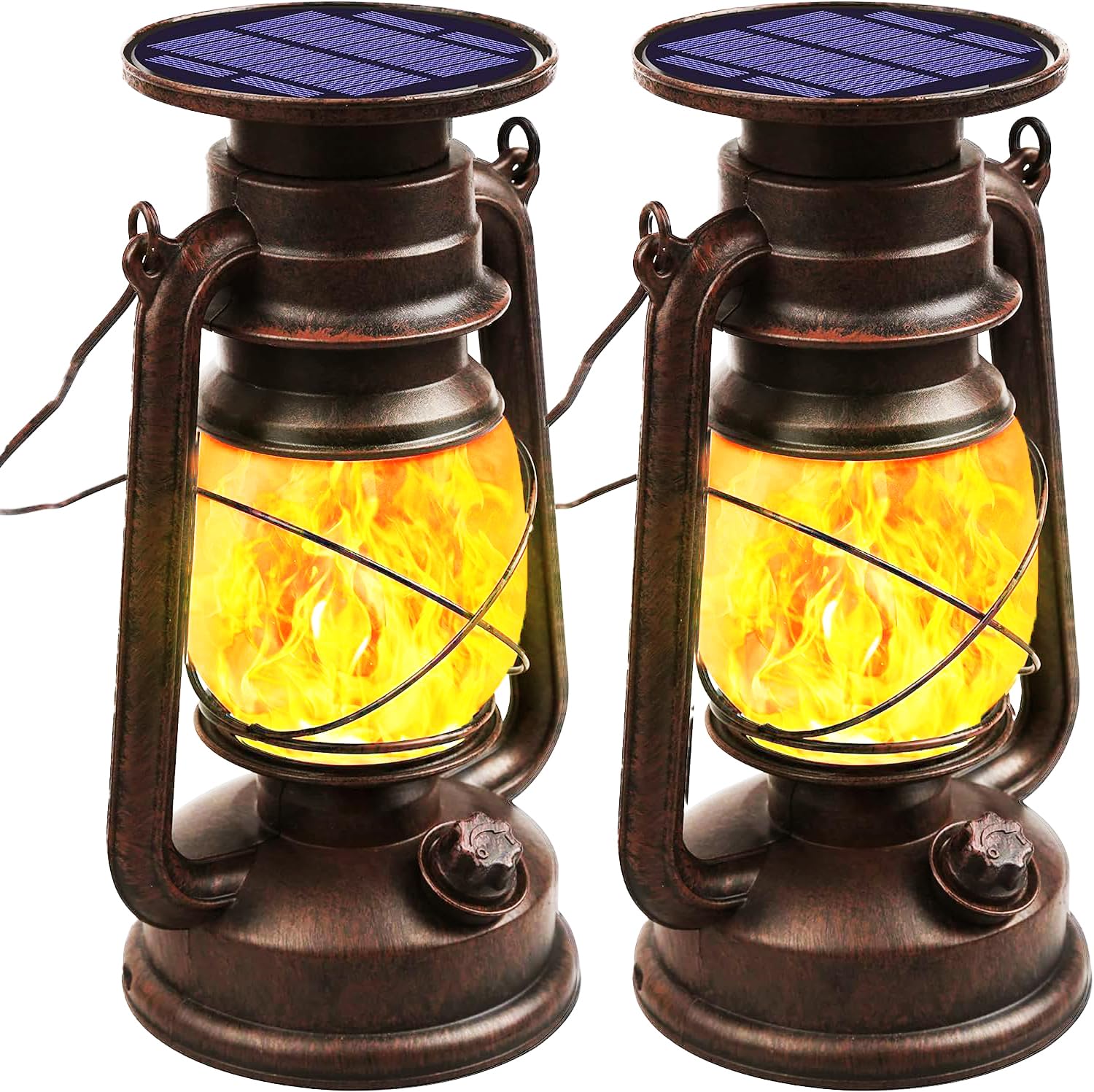 Richday Solar Lantern - LED Vintage Flame, Waterproof, 2pcs Solar Light Set, Brown, Model: Solar-Light
