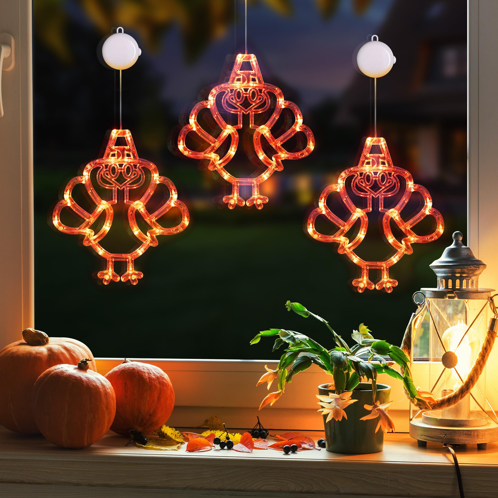 [Timer] 3 Pcs Thanksgiving Turkey Decorations Window Lights, Battery Operated Thanksgiving Lights With Suction Cup, Turkey Lights Thanksgiving Decorations For Home Indoor Thanksgiving Party Decor