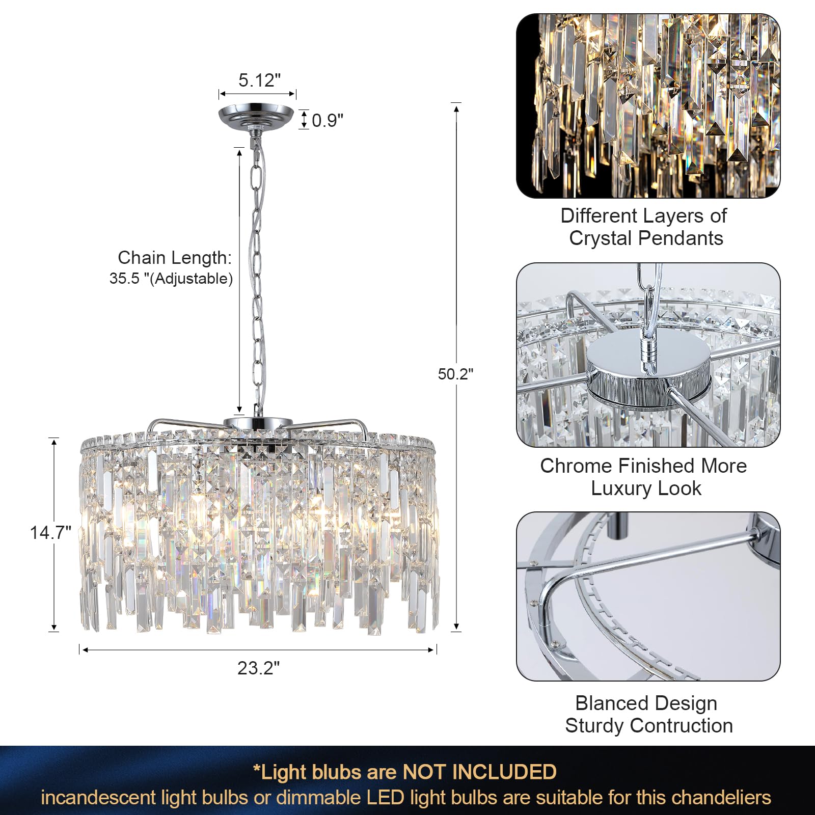 A AXILIXI 24" Crystal Chandelier, 8-Light Modern Pendant Light for Dining Room, Chrome Finish, Model DH7806-600