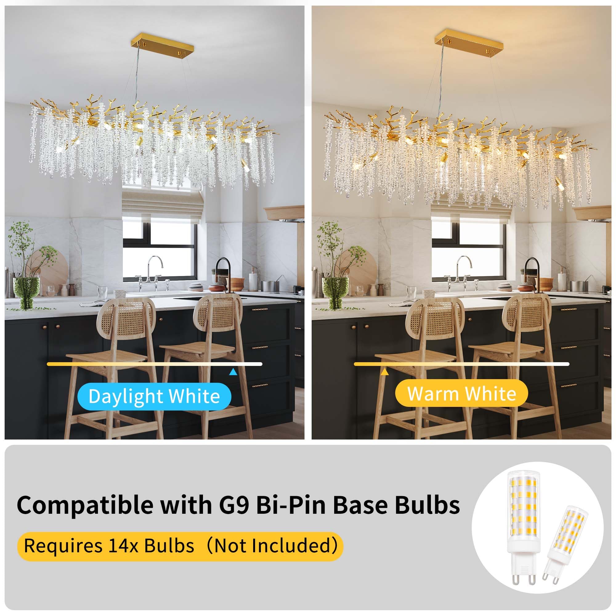 Upfelw Modern Crystal Tree Branch Chandelier, Gold 14-Light Art Deco Lighting Fixture, 47.3'' for Dining Room, Kitchen Island, Model UBC-G120-0428