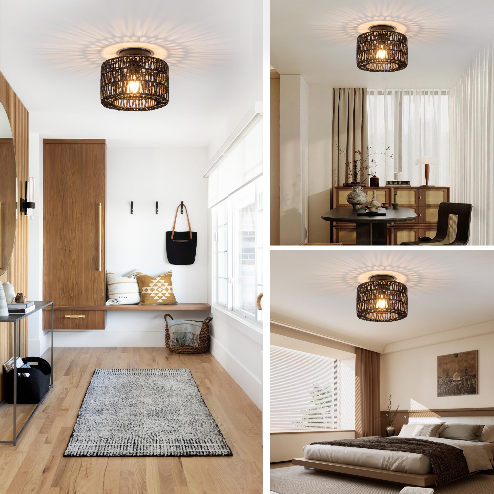 Rpzloila Rattan Ceiling Light, 1 Light Farmhouse Woven Flush Mount Ceiling Light, Boho Light Fixture For Bedroom Living Room Hal