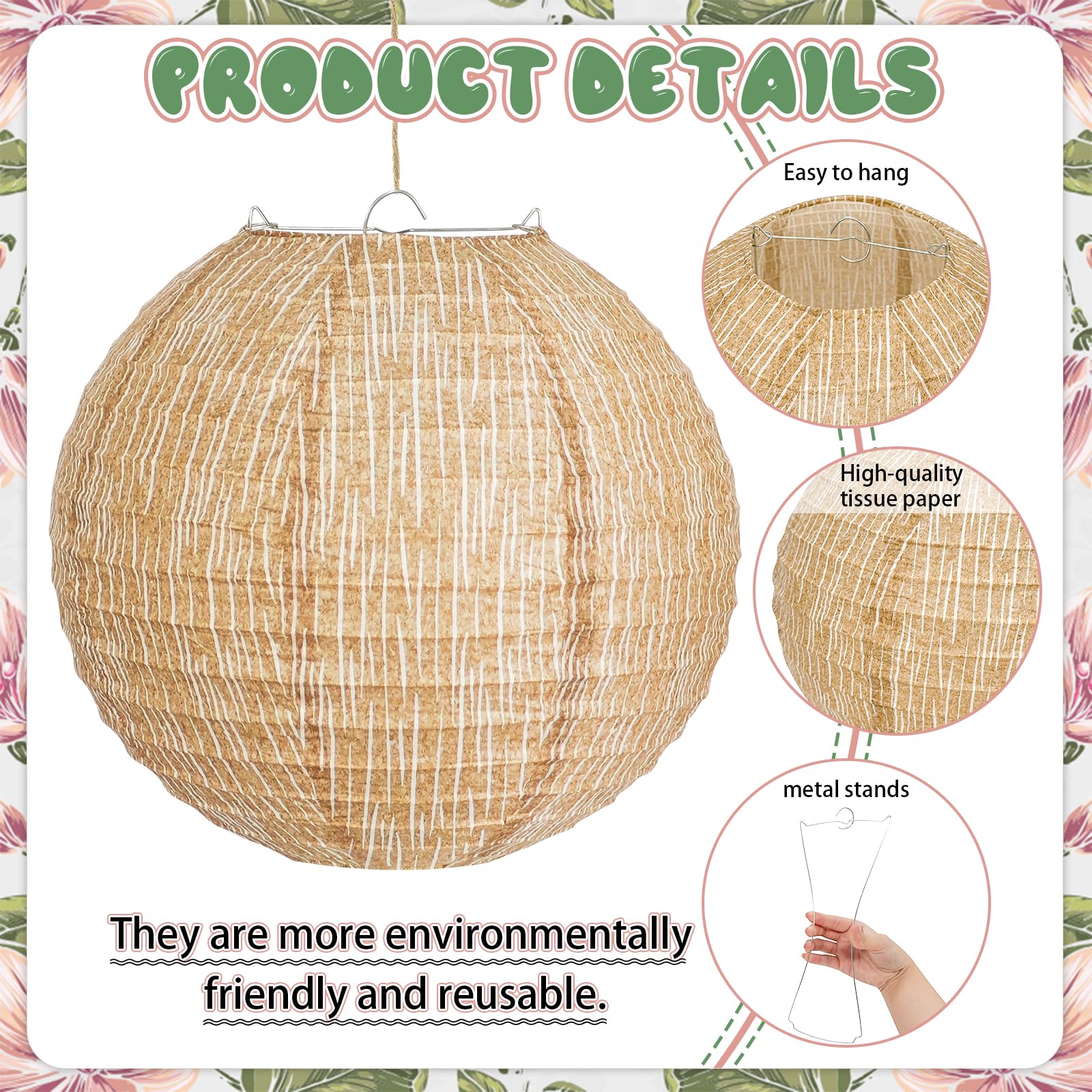 10Pcs 8 Boho Classroom Decor, Hanging Chinese Round Print Burlap Paper Lanterns for Classroom Ceiling Home Patio Neutral Baby Sh