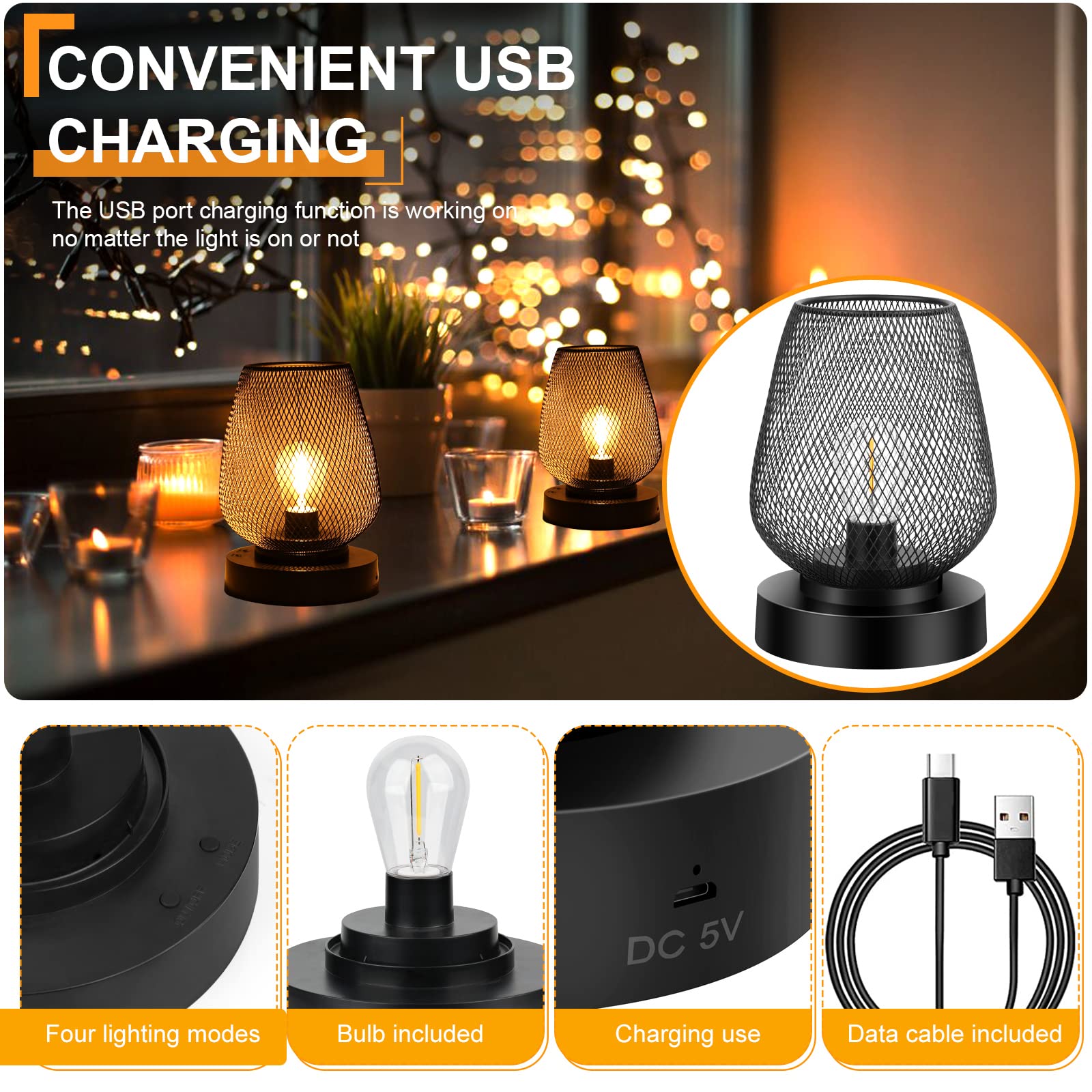 UBright 2 Pack Black Battery Operated Metal Outdoor Table Lamp with 4 Lighting Modes, Rechargeable Cordless Lantern for Indoor/Outdoor Use