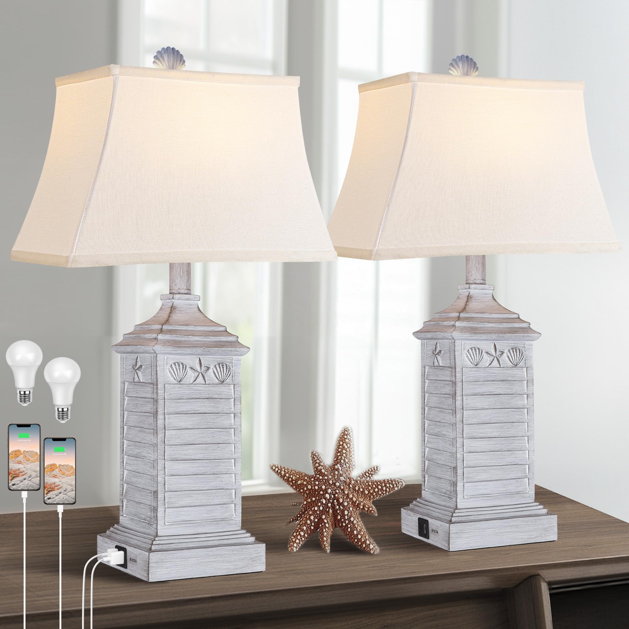 Hamucd Coastal Table Lamps Set of 2, Beach Living Lamps for Bedroom with USB A+C, Antique Grey Modern Resin LED 3-Color Temperat