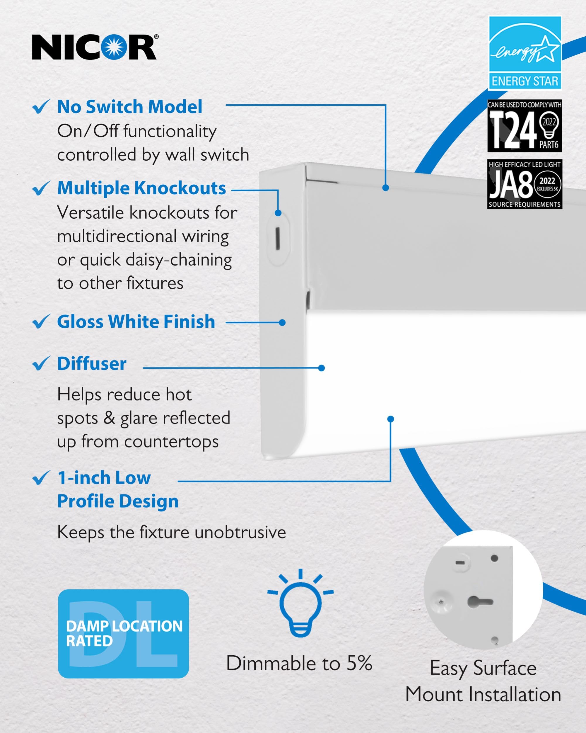 Nicor Lighting 24” Led Direct Wire Under Cabinet Light - Dimmable Undercounter Led Lights For Kitchen - Selectable Cct 2700K-5000K, 612-648 Lumens, 9W - Ucb Series Hardwired Under Cabinet Lighting