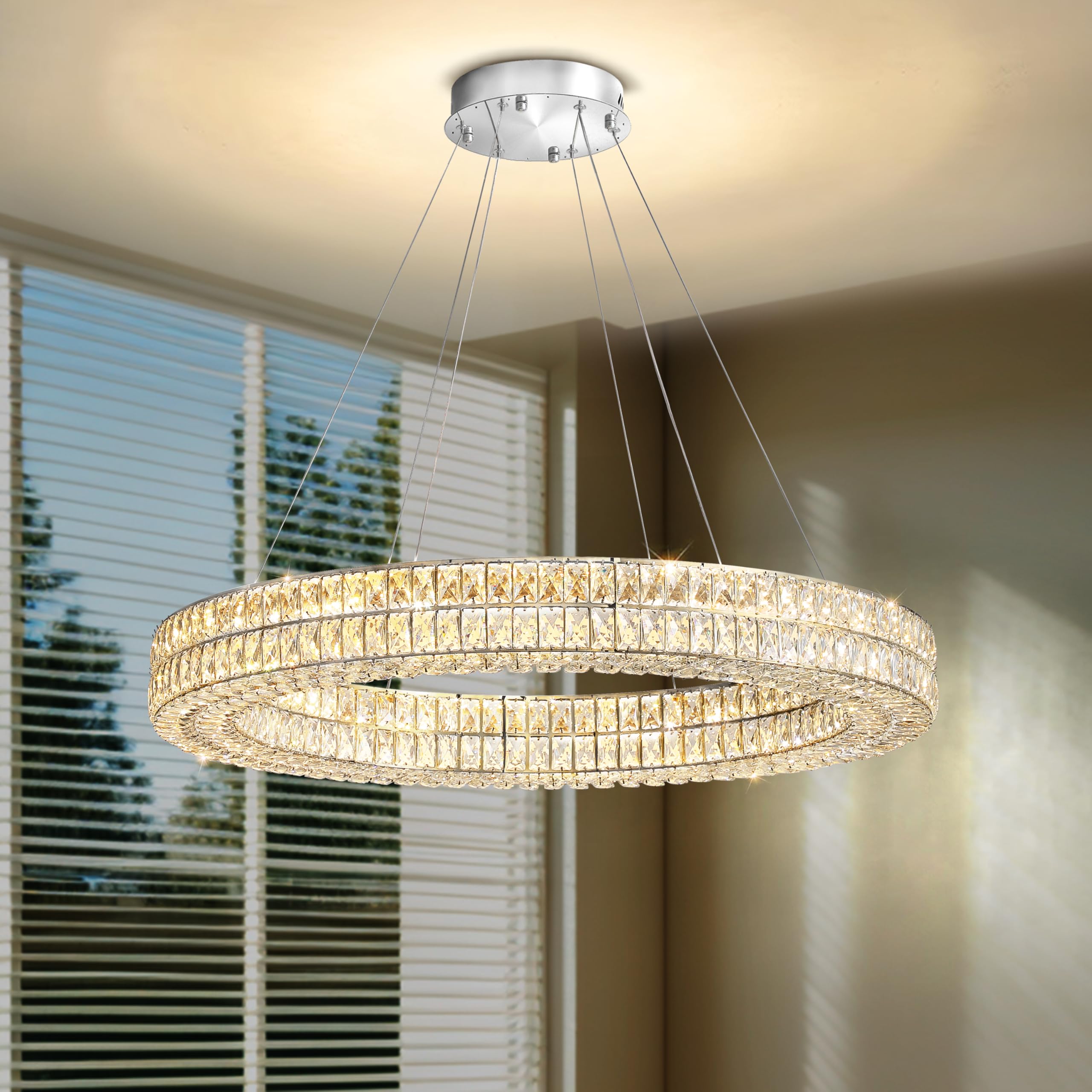 Idequy 47.5 Inch Large Ring Chandelier Round Crystal Chandelier Light Fixtures For Dining & Living Room Ring Pendant Hanging Cei