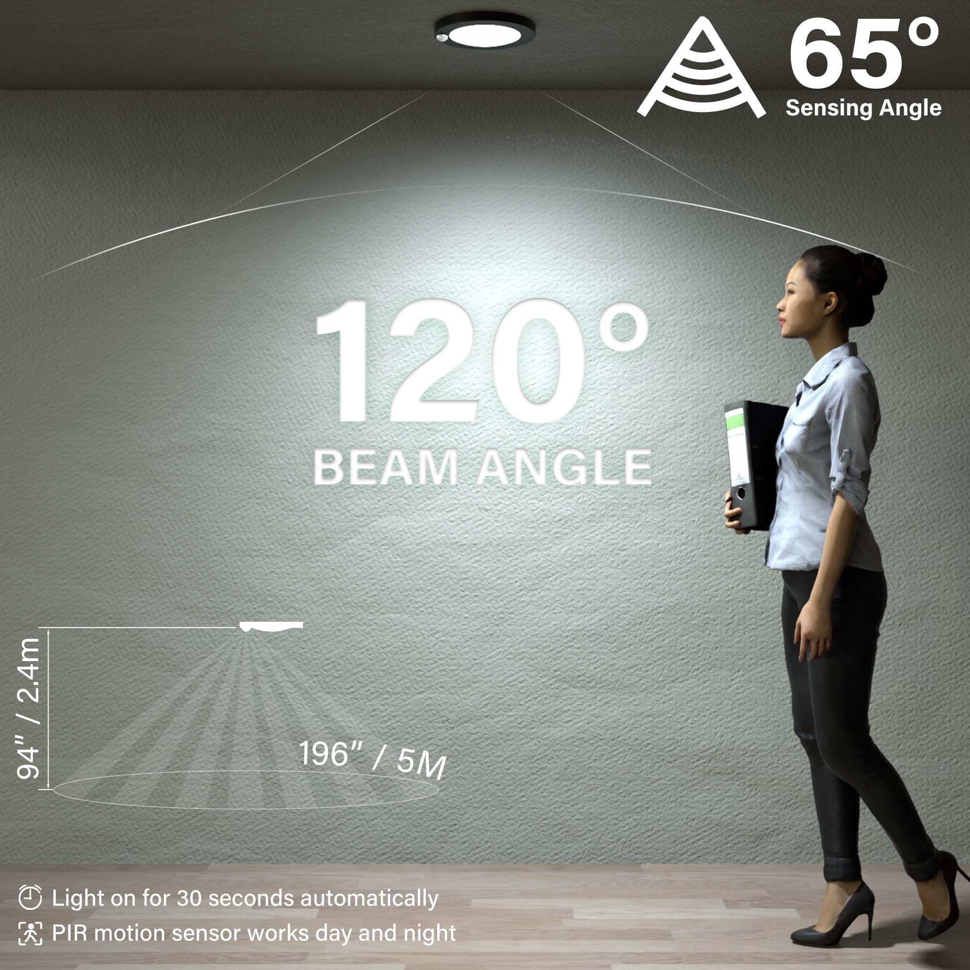 Zago 6'' 120 Volts Closet Light Wired, Black Pir Motion Sensor Ceiling Disc Light, 15 Watts, 1100 Lumens, Cri>80, 5000K Daylight