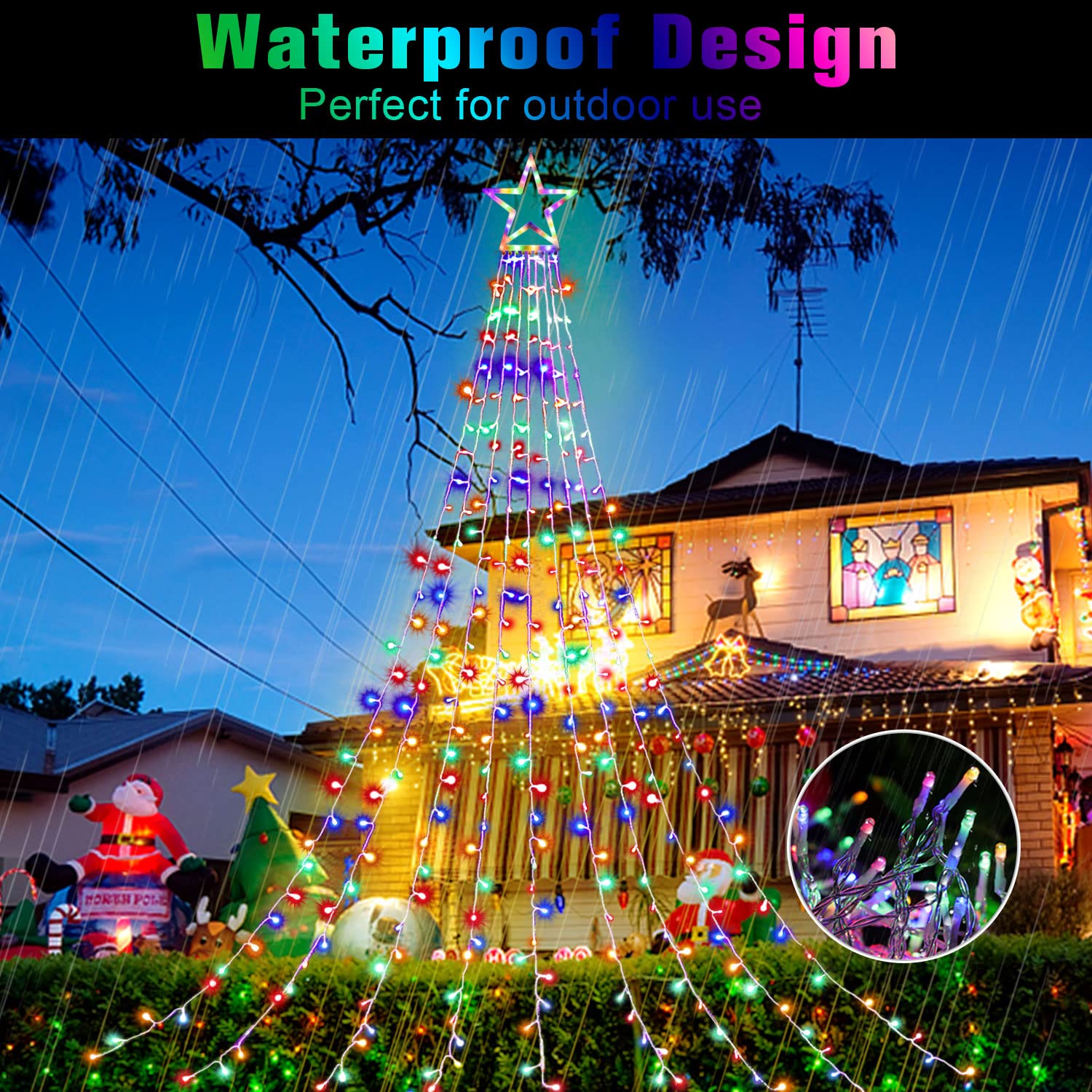 Outdoor Christmas Decorations Star String Lights, 317 Led 11.5 Ft Waterfall Tree Lights With 8 Memory Lighting Modes&Timer Chris