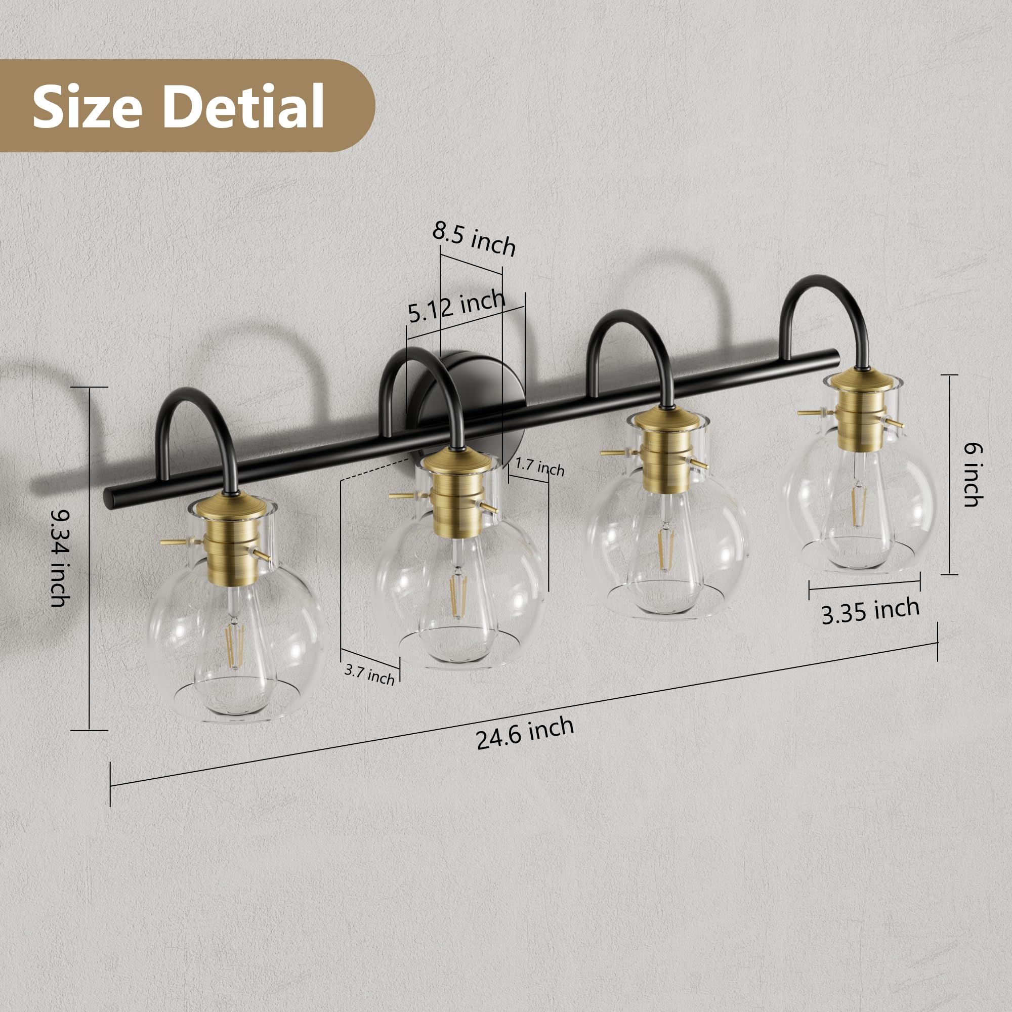 PRIMEPLUS Bathroom Vanity Lighting Fixture, 4 Light, Brushed Gold & Black, Metal, Model YS02V-VG5