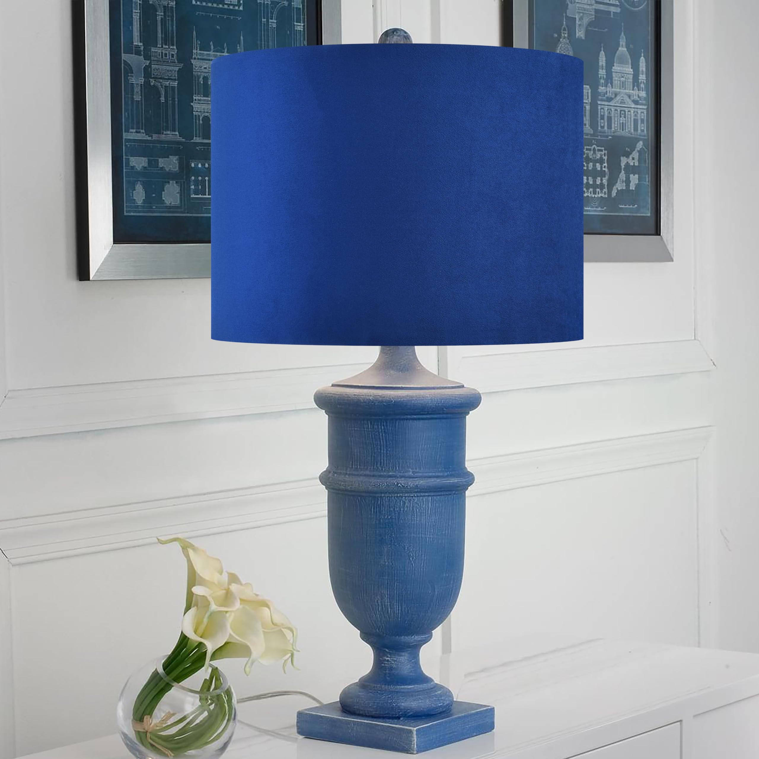 PIKOPIKO Velvet Drum Lamp Shade, Medium Blue, 13in Top x 13in Bottom x 10in High, Spider, Farmhouse Style, 1 Pack