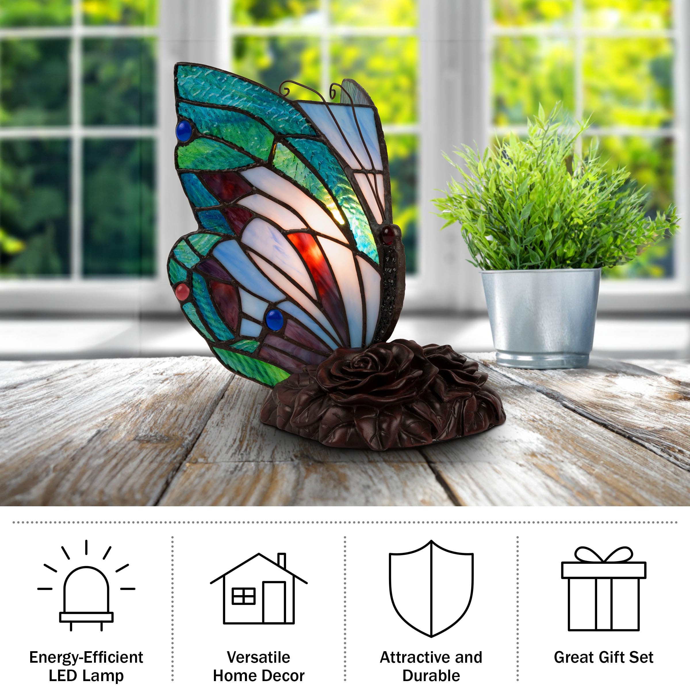 Lavish Home Tiffany Style Butterfly Table Lamp - Set Of 2 Stained Glass Desk Or Night Light Lamps With Led Bulbs - Vintage-Style