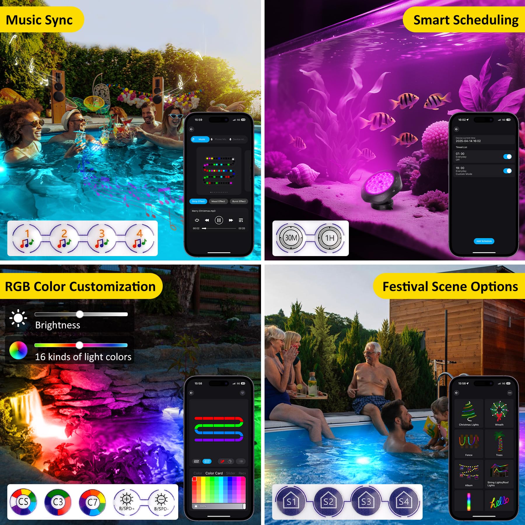 T-SUN Color Changing Pond Lights LED Submersible Fountain Lights IP68 Waterproof Set of 2 Multicolor Model TS-F2230