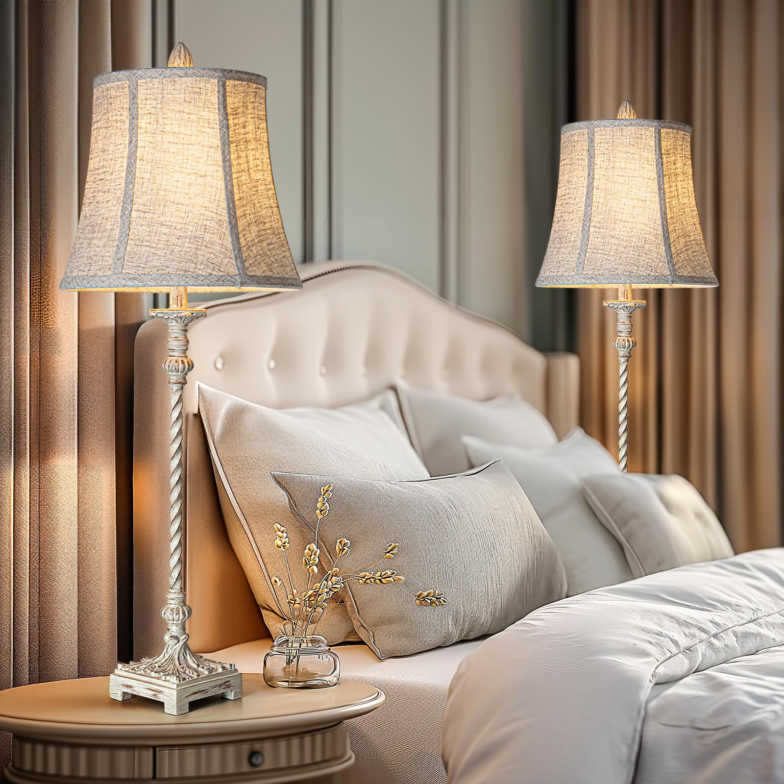 LuxSight Vintage Candle Stick Buffet Table Lamp, 33'' Tall, Ivory White Linen Shade, Stepless Dimming for Living Room & Bedroom