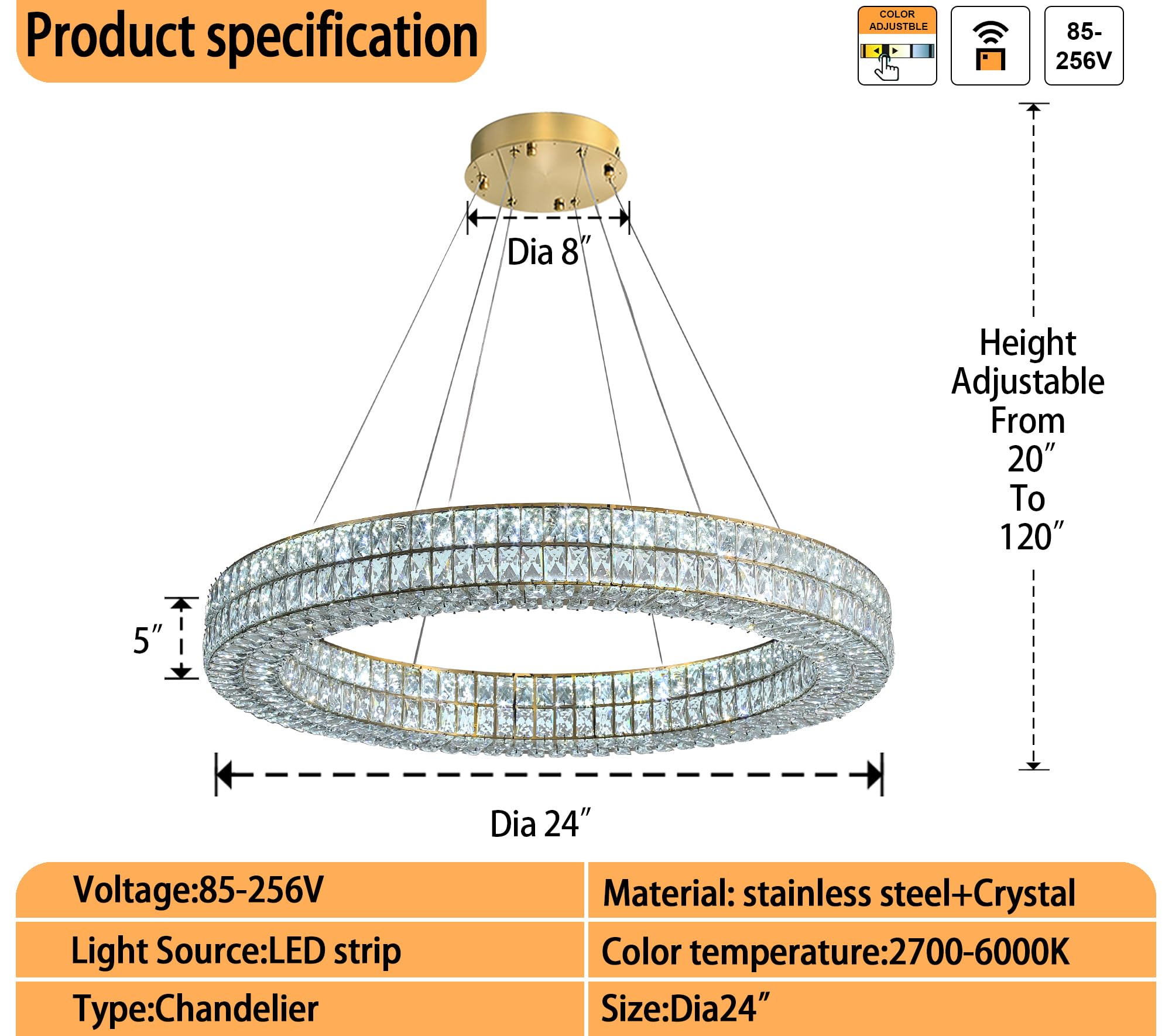 IDEQUY 24" Gold Ring Crystal Chandelier, Modern Dimmable LED Ceiling Light Fixture for Dining Room, Stainless Steel and Crystal, Model CF8024-60J