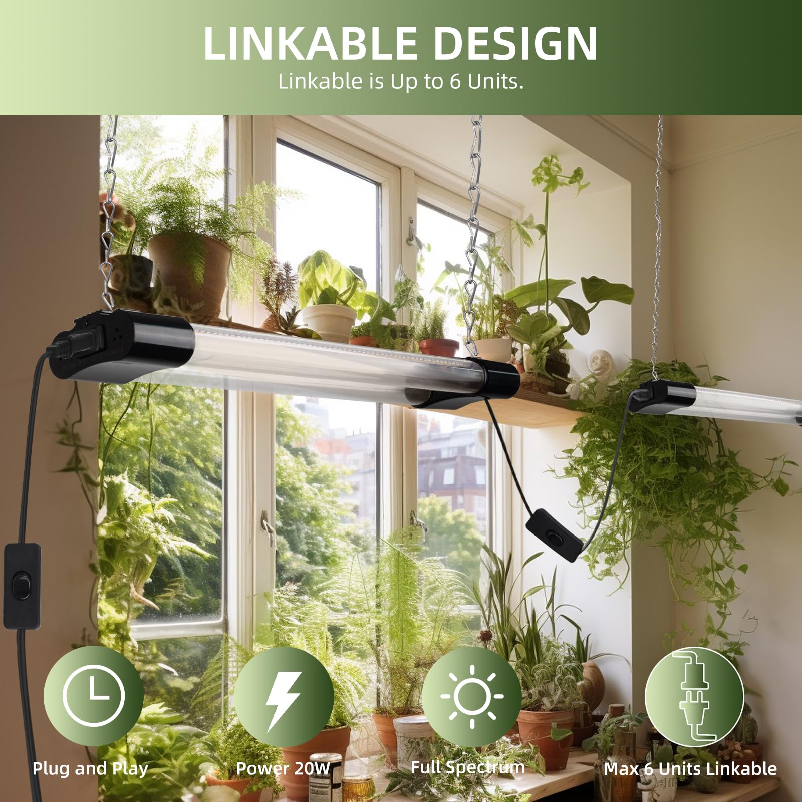 Hlite 18" LED Grow Lights - Linkable Full Spectrum Plant Lights, 2 x 20W, Black, Model GL-A1002A, With On/Off Switch for Indoor Plants