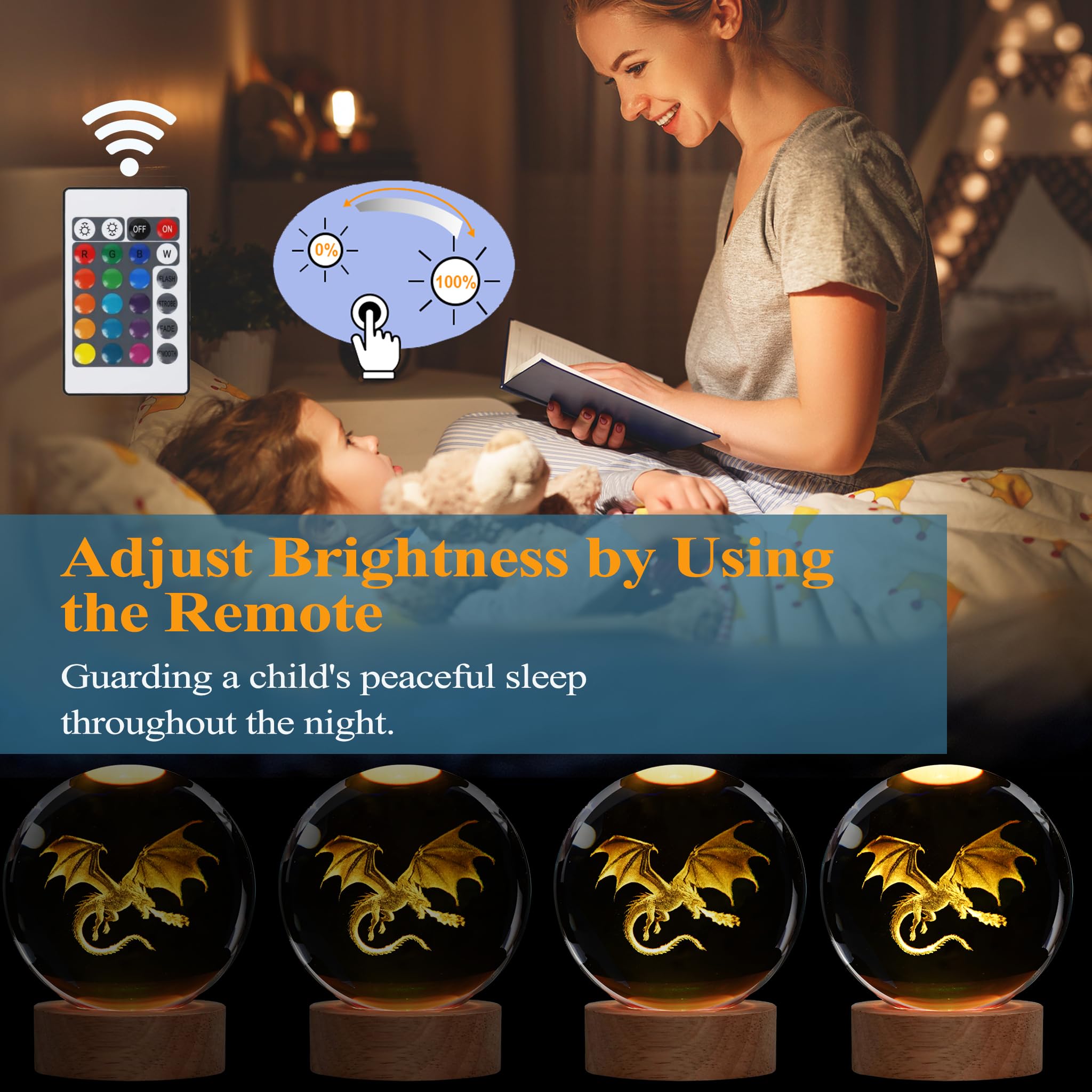 Posshe Dragon Night Light, 3.15 Inch (80Mm) Crystal Ball 3D Lamp With Remote 16 Color For Birthday Xmas Cool Figurines Dragon Gi