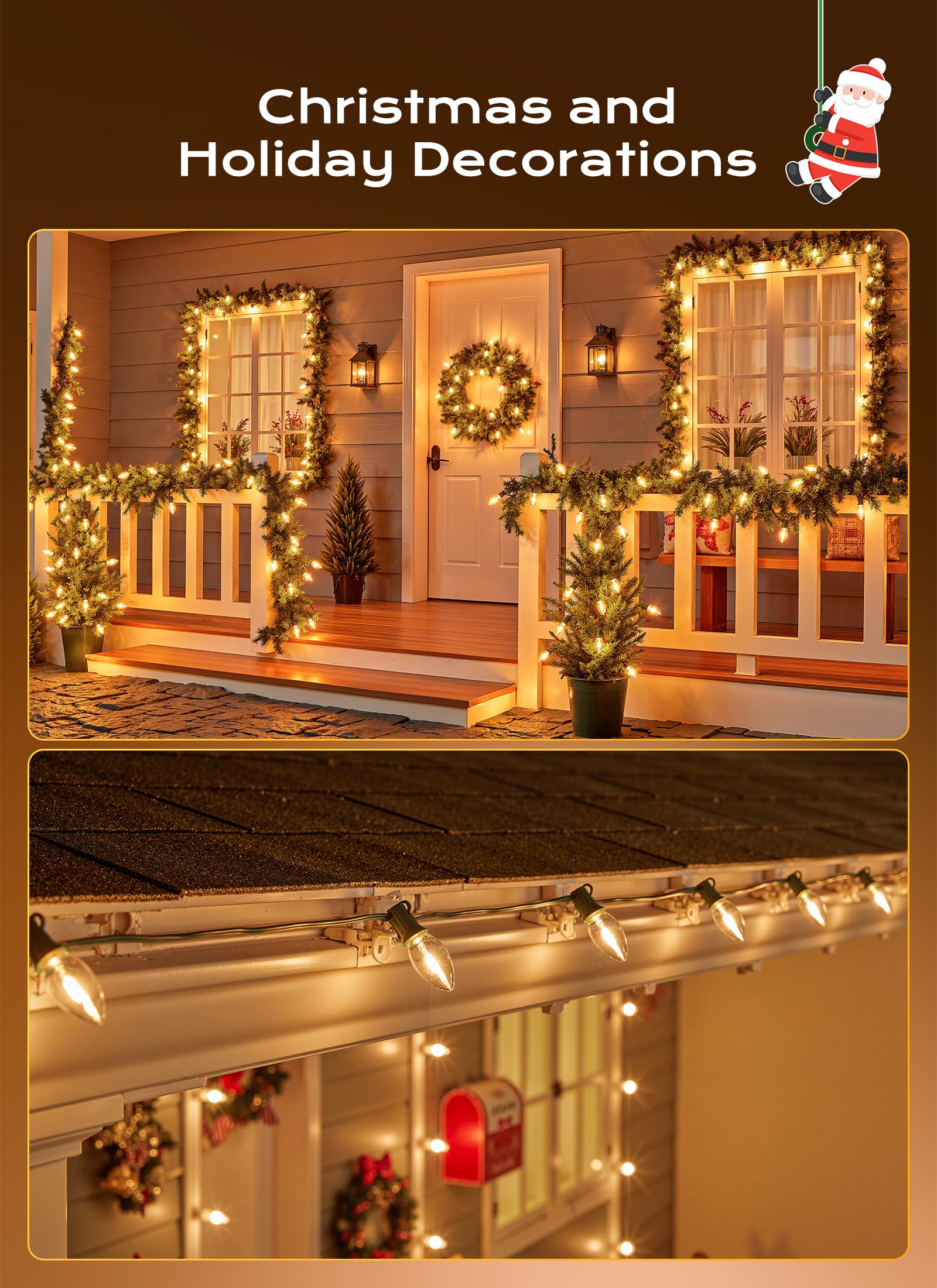 C9 Christmas Lights Outdoor  100 Ft 100 Led Vintage Warm White C9 String Lights Connectable For Christmas Tree Roofline Patio Garden Backyard Holiday Party Indoor Outdoor Decoration  Green Wire