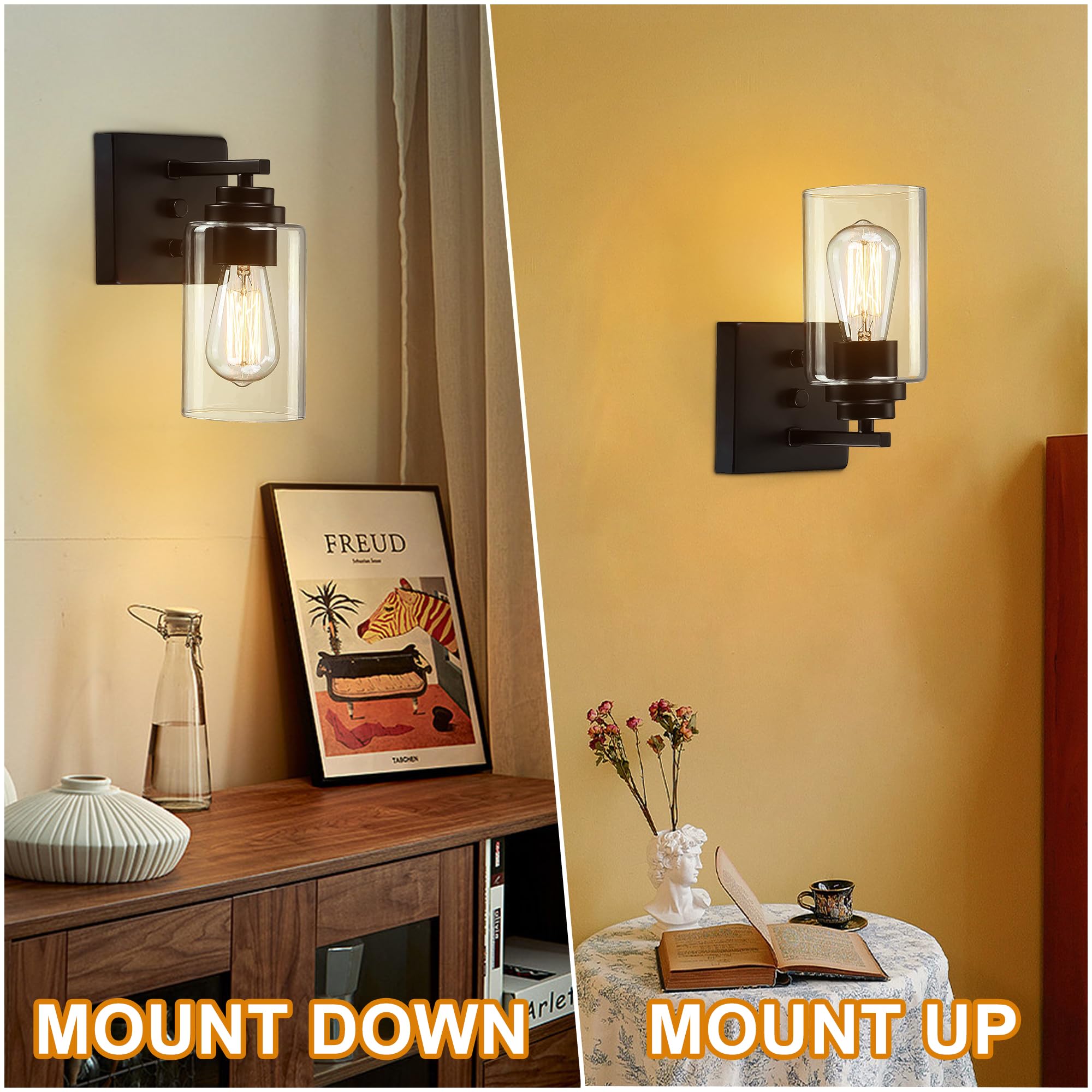 Pia Ricco Wall Sconces Set of 2, Matte Black Metal Bedside Lamps with Glass Shade, Model A-41975