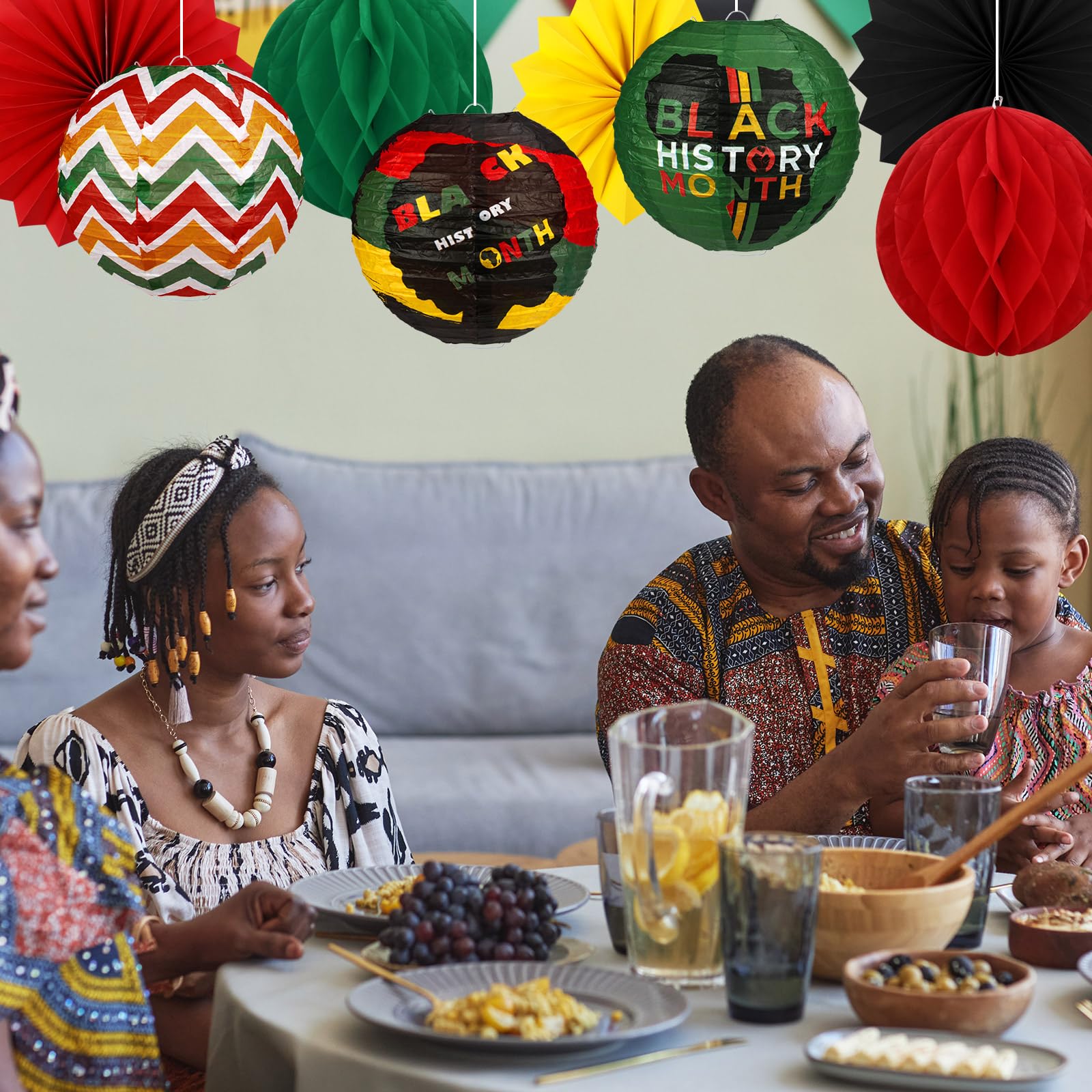 18 Pcs Black History Month Party Hanging Decoration Black Red Green Yellow Hanging Paper Lanterns Round Honeycomb Ball Paper Fan