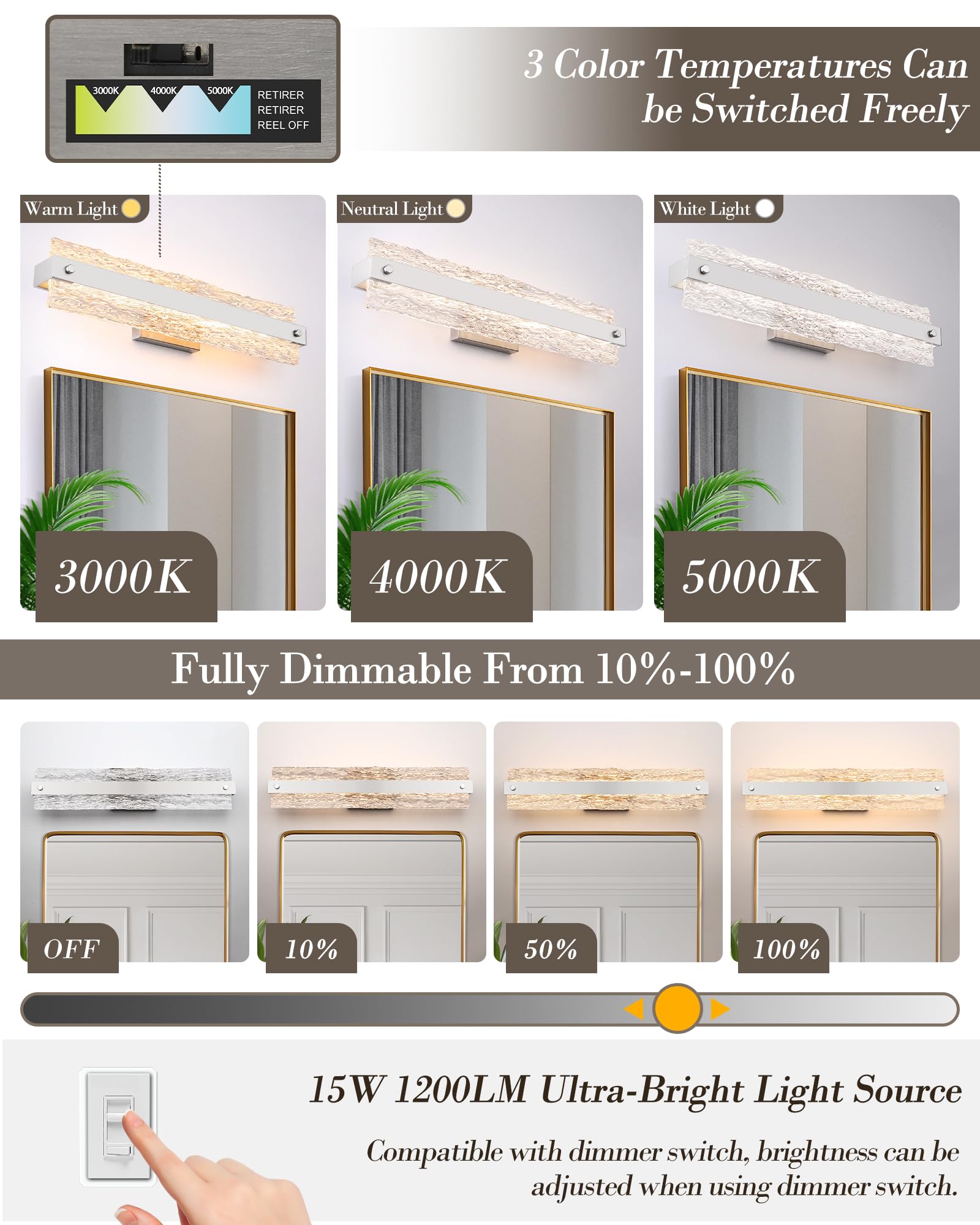 Osimir Brushed Nickel Led Bathroom Vanity Light  24.4 Inch 15W Modern Dimmable Bathroom Light Fixture Over Mirror  Crystal Bar Wall Sconce Lighting For Bath  3Cct  Os-Mm5001-3Bn