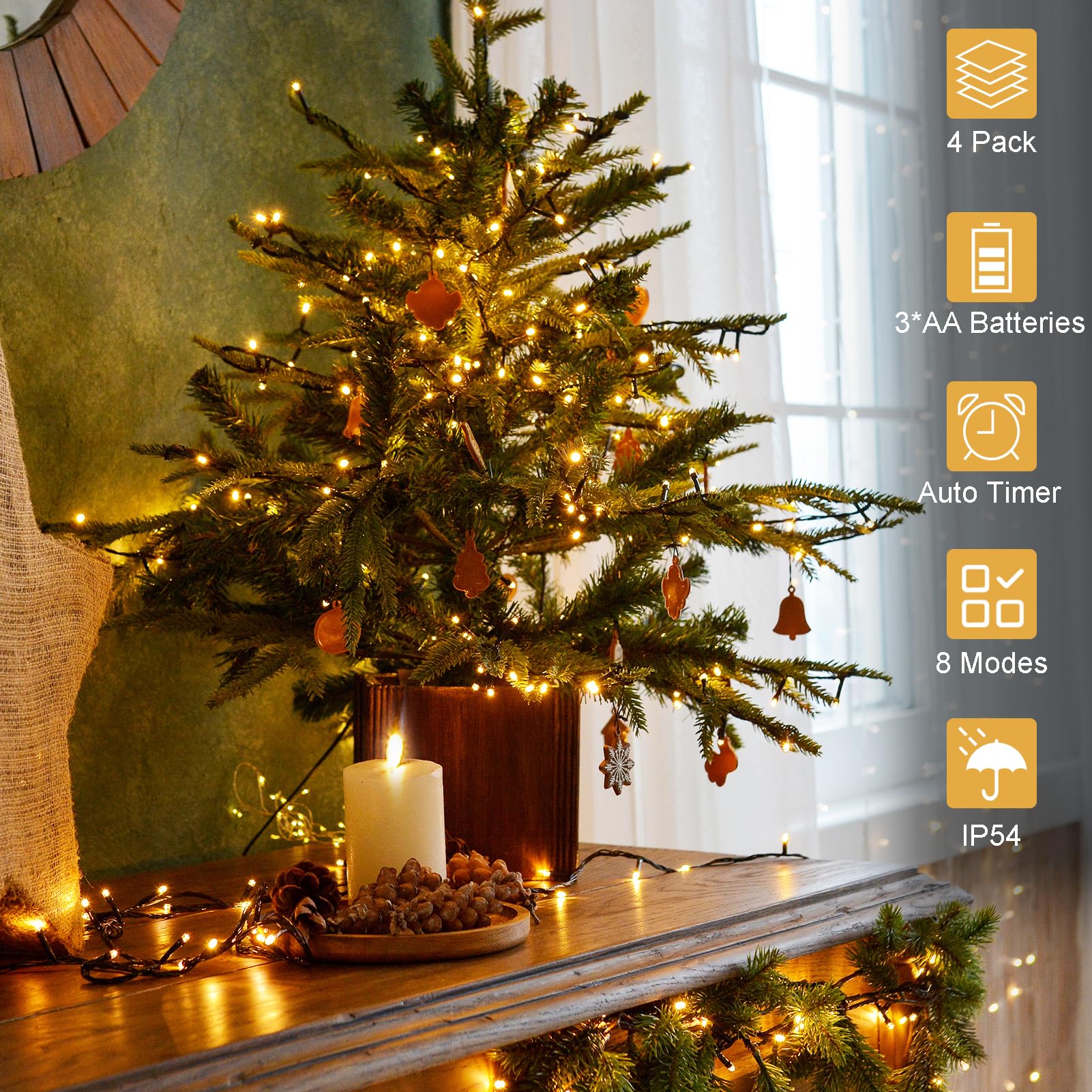 4 Pack Battery Operated String Lights, Each 23Ft 70 Led Christmas Lights With Timer 8 Modes Twinkle Fairy String Lights For Indo