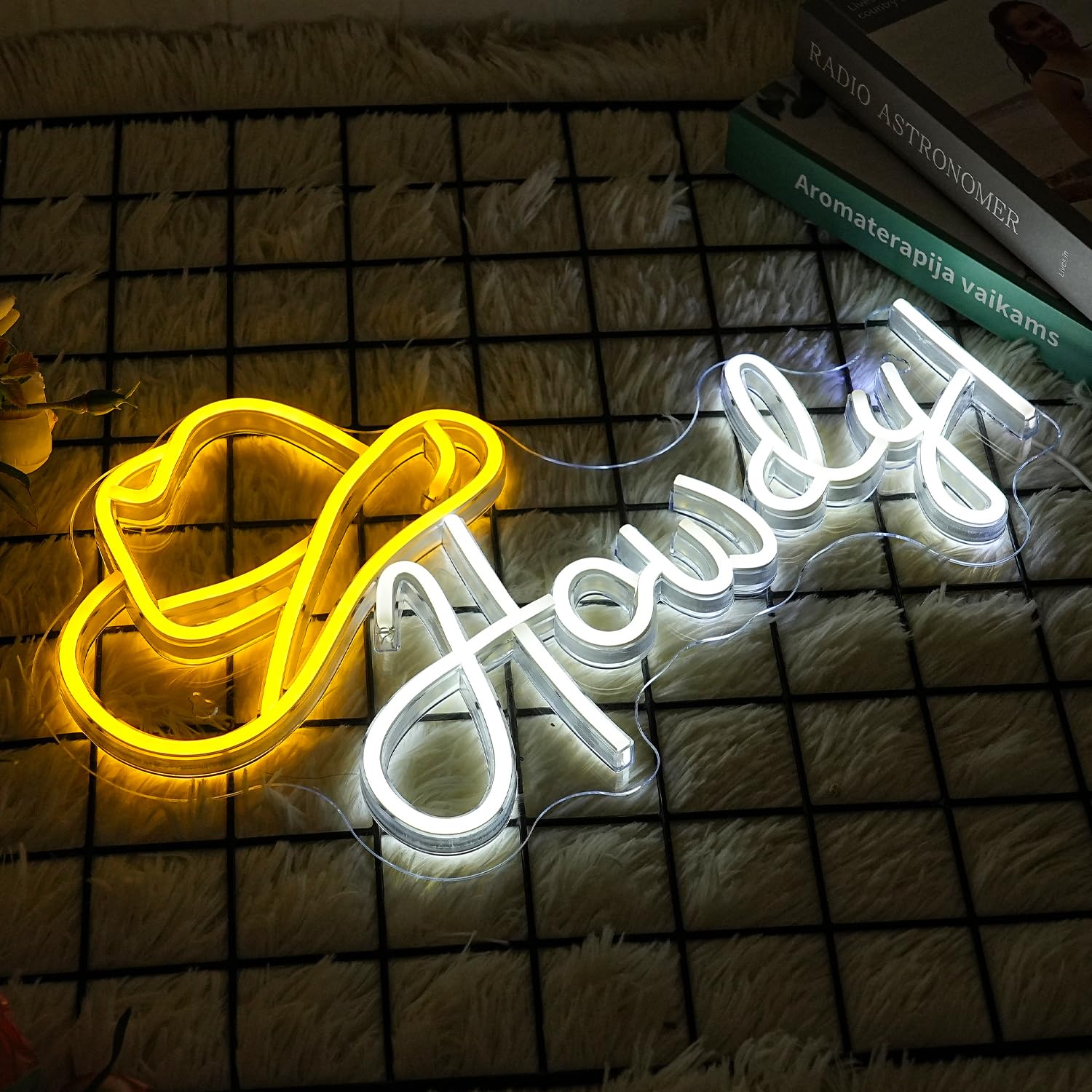 LMSIGNLY Neon Cowboy Hat Sign - Dimmable LED Light, USB Powered, Yellow White, Model: Howdy