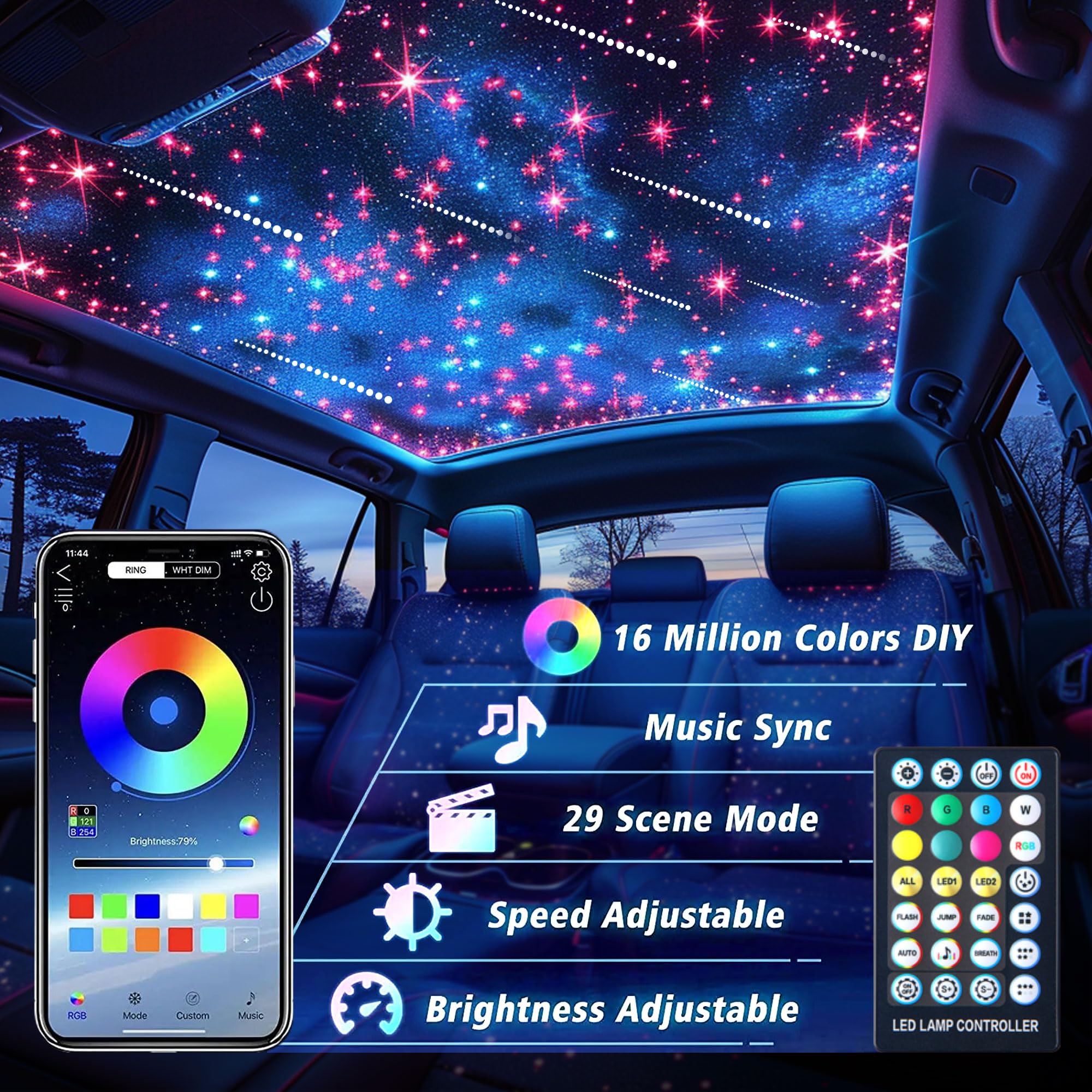 Vastfire Dual Color Starlight Headliner Kit 1300Pc Rgbw Fiber Optic Lights For Car & Suv