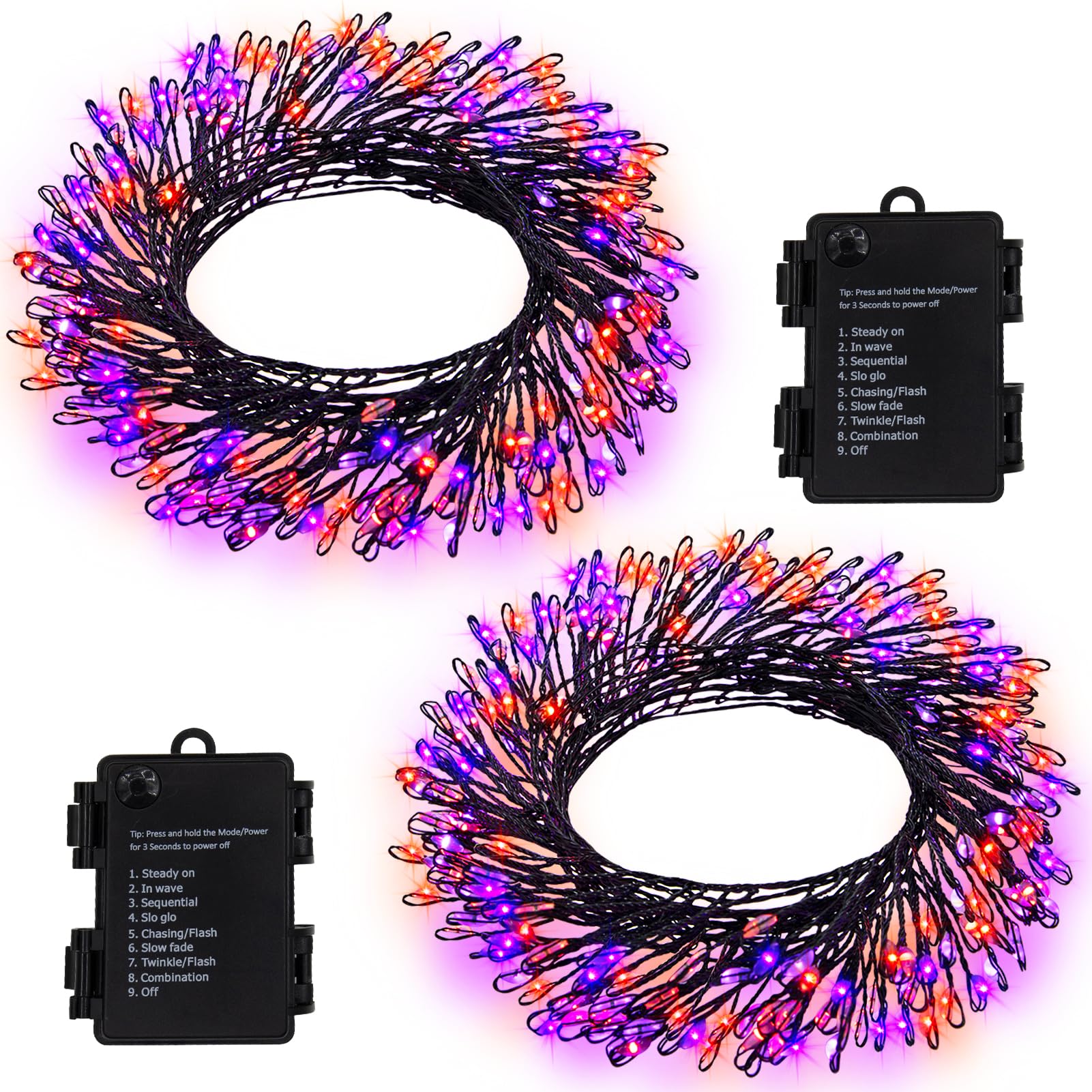 BSGlobal 2 Pack Halloween Fairy Lights Battery Operated  Total 20Ft 400 LED Cluster String Lights with Timer 8 Modes Black Copper Wire FireSpliter Light Waterproof for Tree Home Decor (Purple Orange)