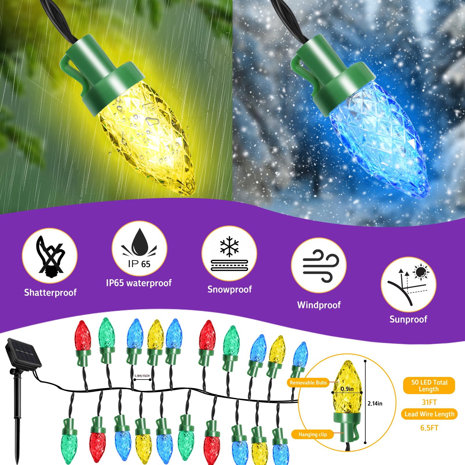 L LAMPOP Solar Christmas Lights, Outdoor Waterproof, 50 LED, C7 Size, Multicolor, Model SL-50L-Strawberry-MC