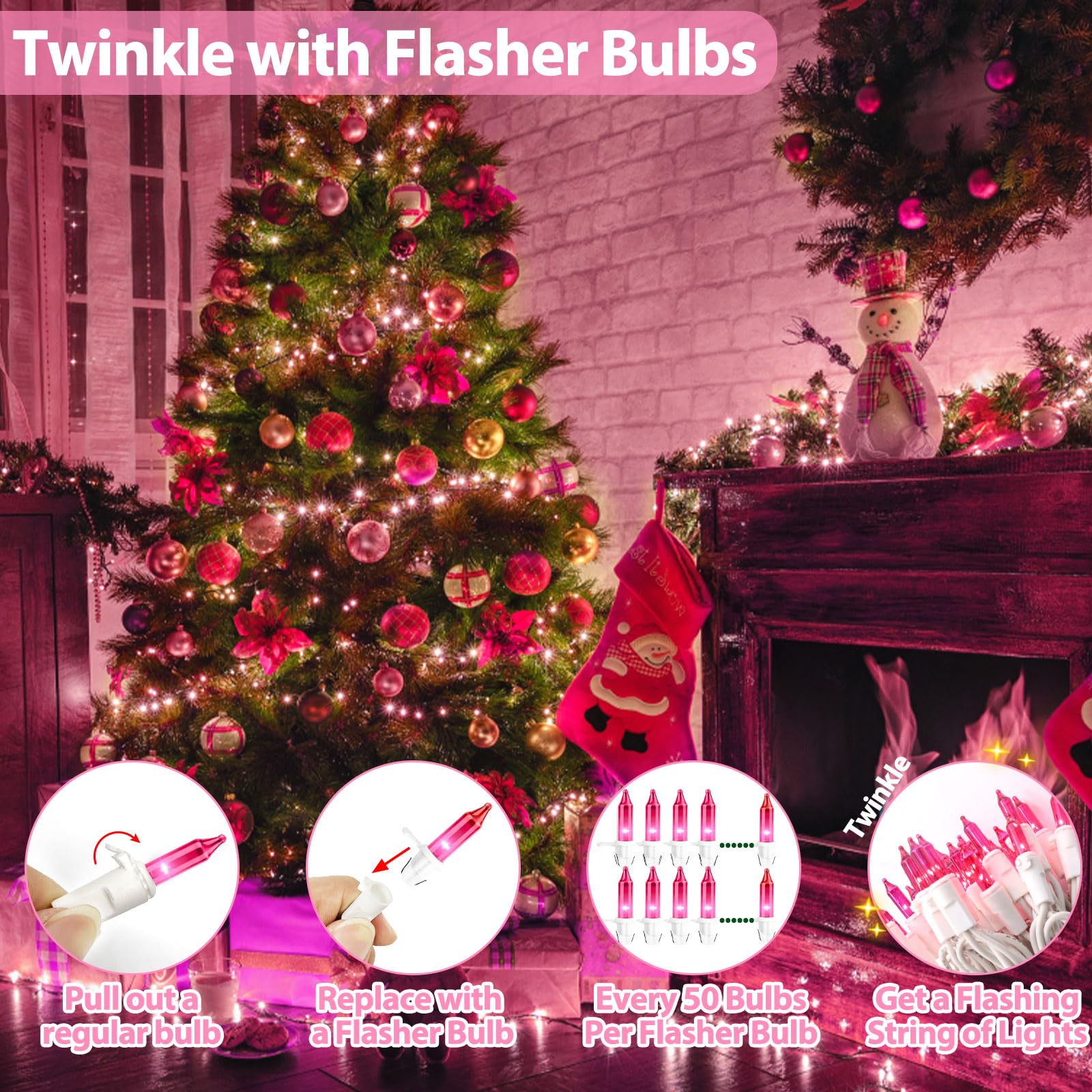 CXLHO Pink Mini Christmas Lights 25FT 100 Bulbs White Wire Indoor Outdoor Decoration