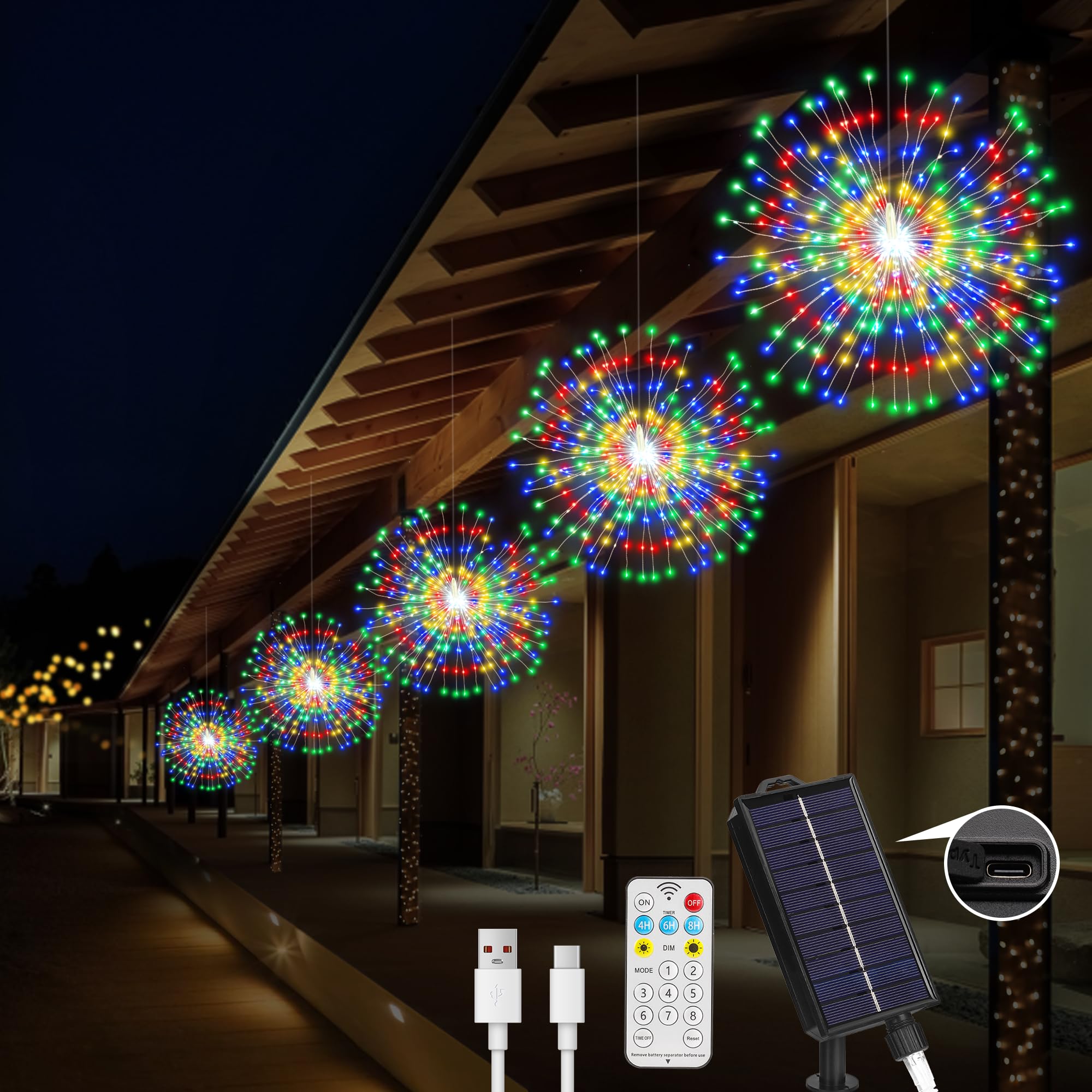 Solar Christmas Firework Lights Outdoor  5 Pack 1000Led Solar Starburst Lights With Remote  8 Modes Dimmable Waterproof Hanging Fairy Lights For Garden  Patio  Holiday Christmas Decor (Multicolor)