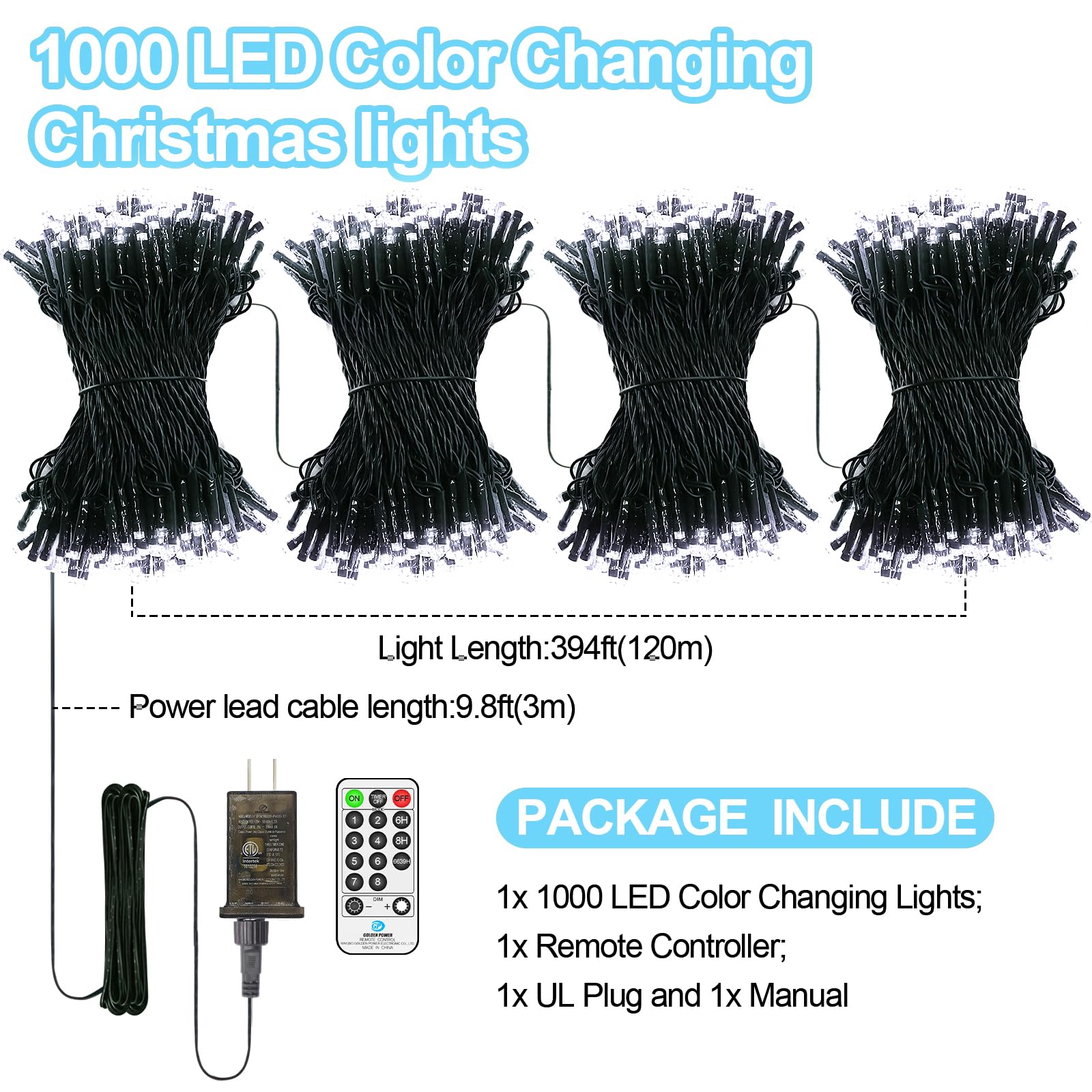 ROADAYLY 394FT LED Christmas String Lights, 1000 Lights, Waterproof, 8 Modes, Timer, Cool White