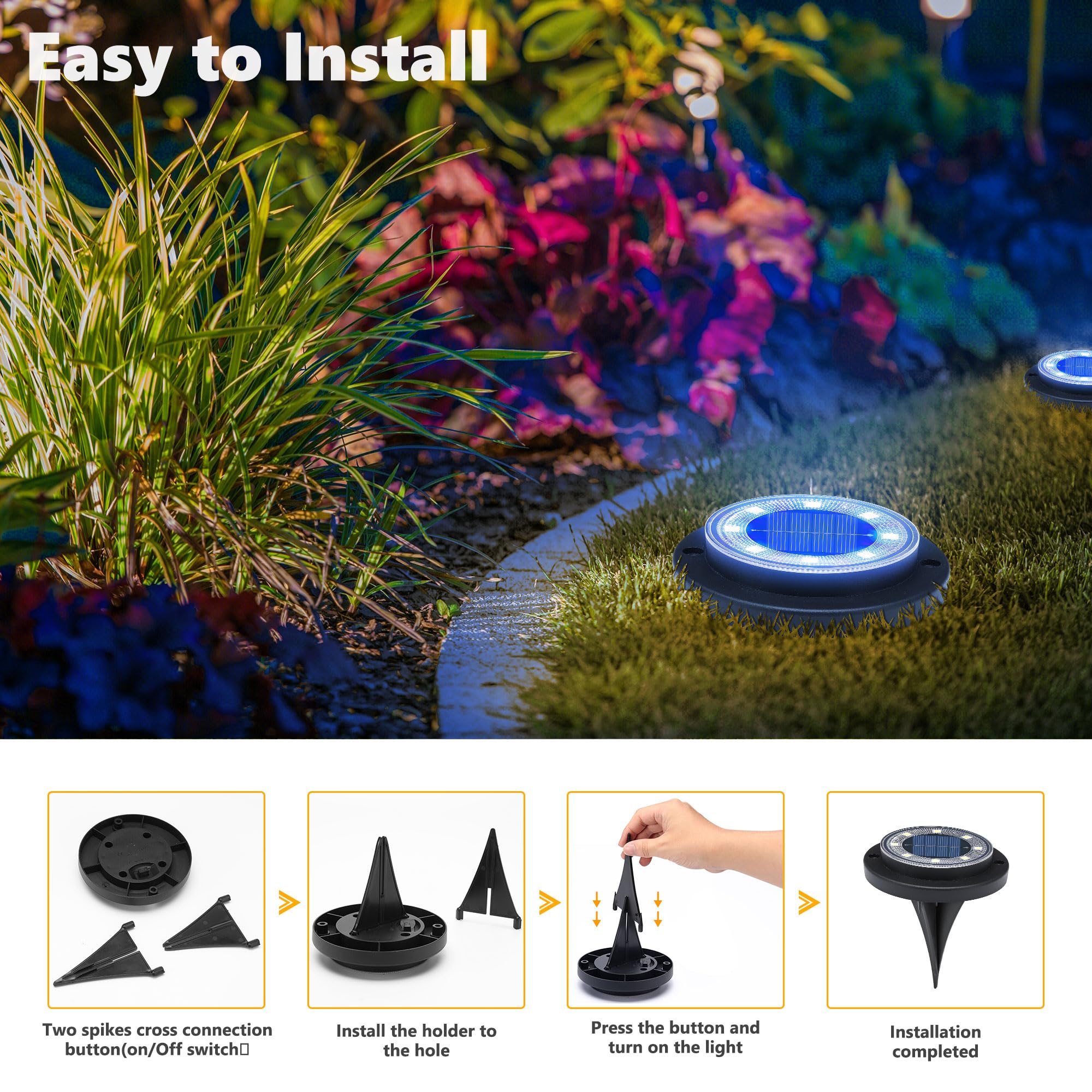 Flacchi Solar Ground Lights - Waterproof Disk Light for Patio, Yard, Walkway - 12 Pack, Blue, Model YN001