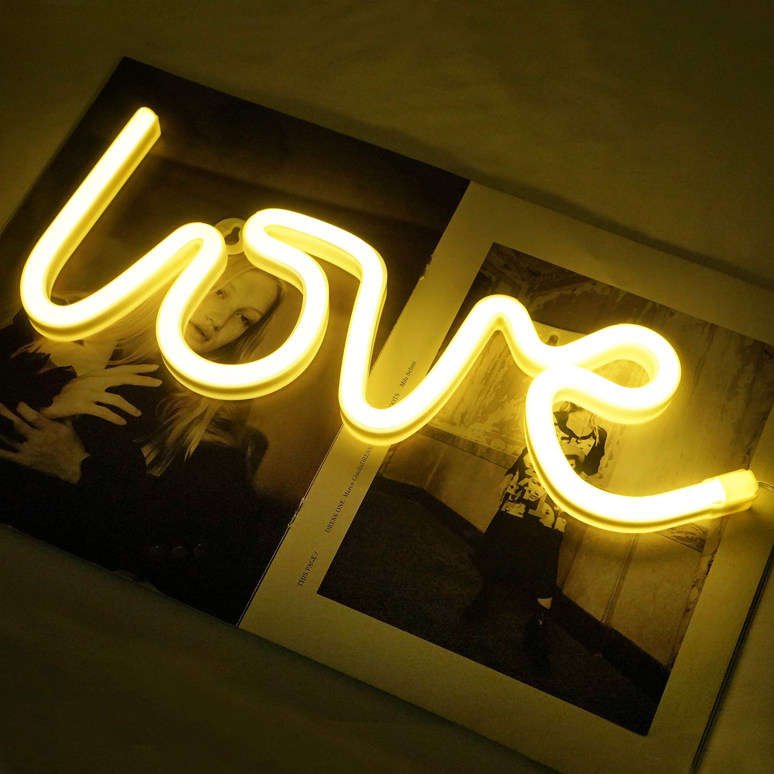 NiniTe LIGHTS Neon Heart Sign Lamp, USB/Battery Powered, Decorative LED Night Light for Bedroom, Pink Yellow, Model 32455