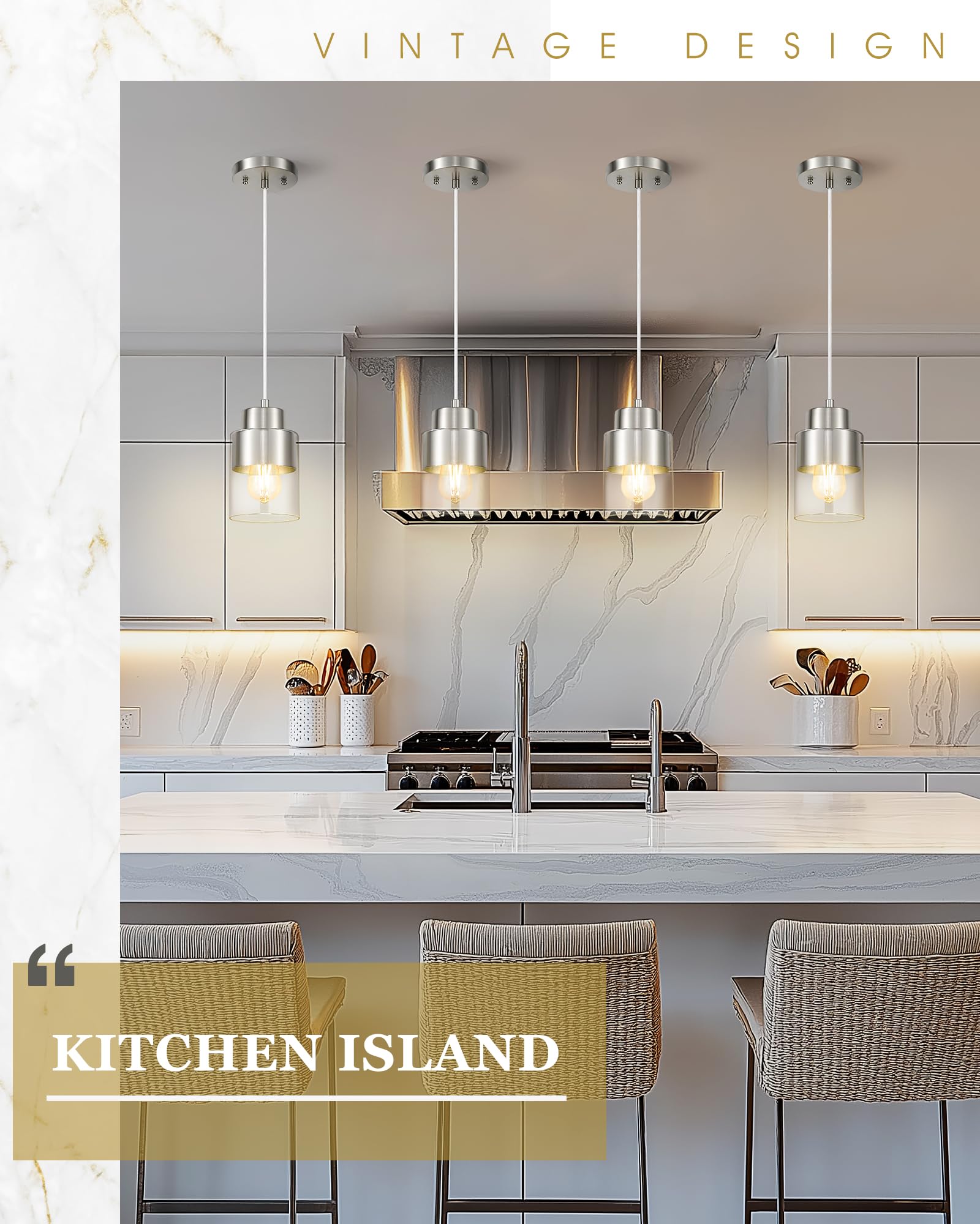 Audickic 2-Pack Pendant Lights Kitchen Island  Brushed Nickel Dual Shade Hanging Lights Fixtures With Metal And Clear Glass  Kitchen Pendant Lighting Over Island For Dining Room  Ad-24022-1P2-Sn