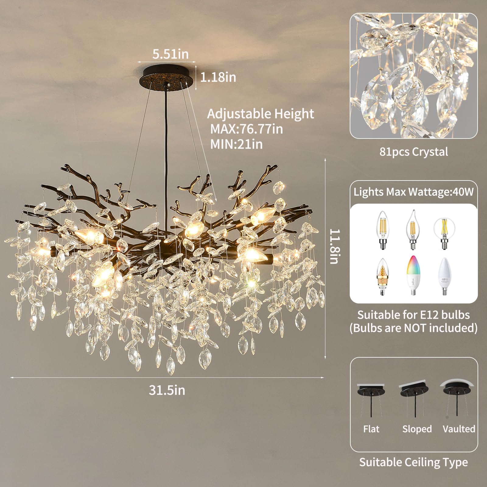 EGM 32 Inch Black Crystal Chandelier, 10-Light E12 Metal Hanging Fixture for Living Room, Dining Room, Bedroom, Foyer
