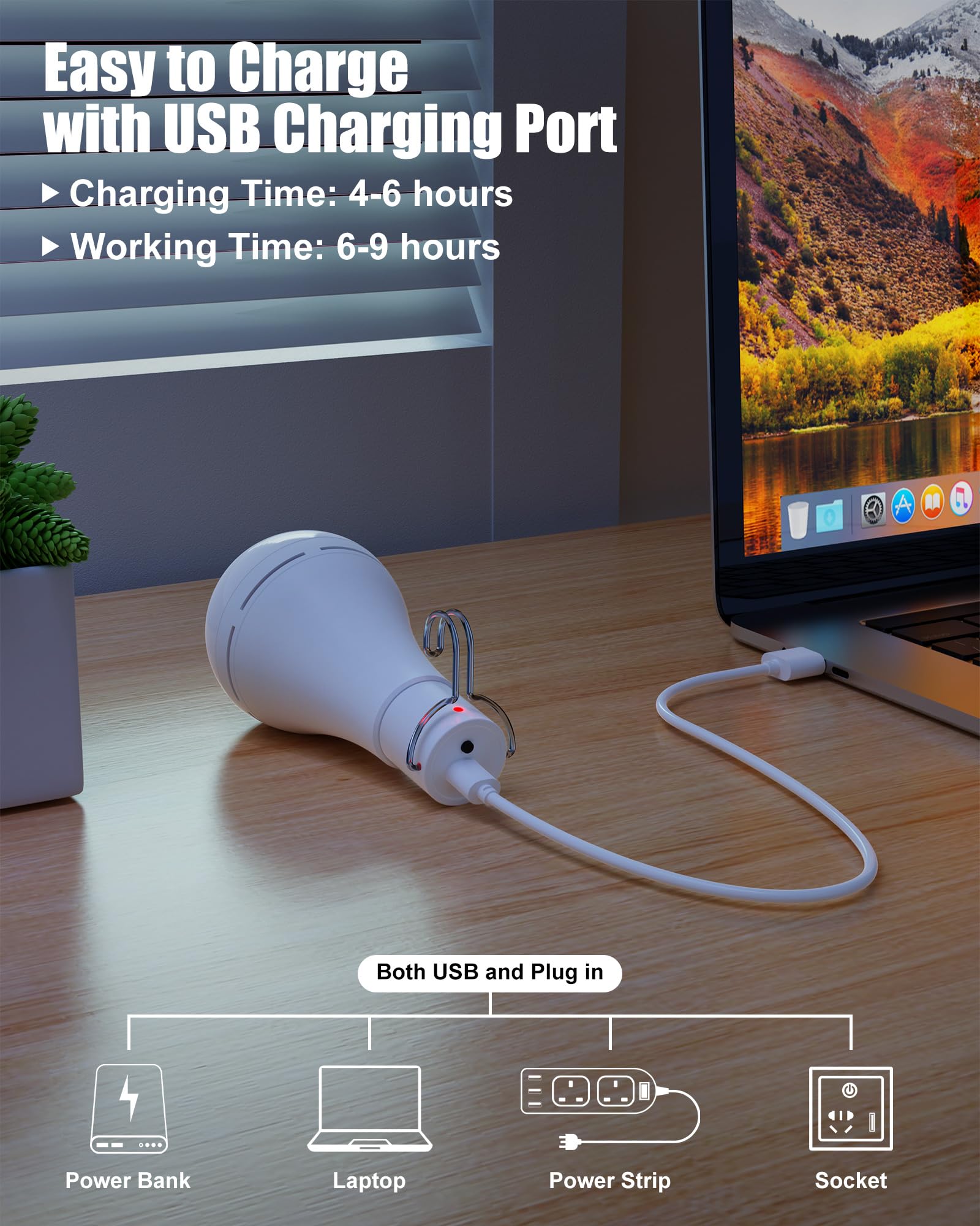 Brightown Usb Rechargeable Light Bulb With Remote And Timer, Battery Backup Emergency Light Bulbs For Home Power Outage, Hanging