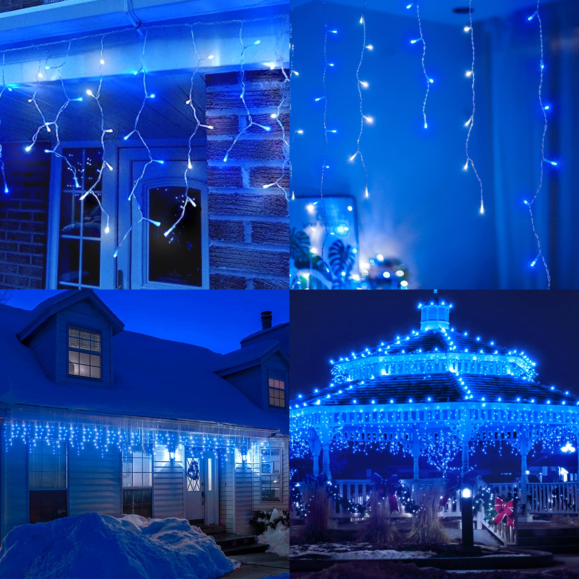 Hopolon 33Ft 360L Led Christmas Icicle Lights Outdoor Waterproof,8 Modes Plug In Curtain String Lights With 60 Drops,Christmas Lights For Wedding,Party,Bedroom,Home,Garden,Wall Decorations(Blue White)