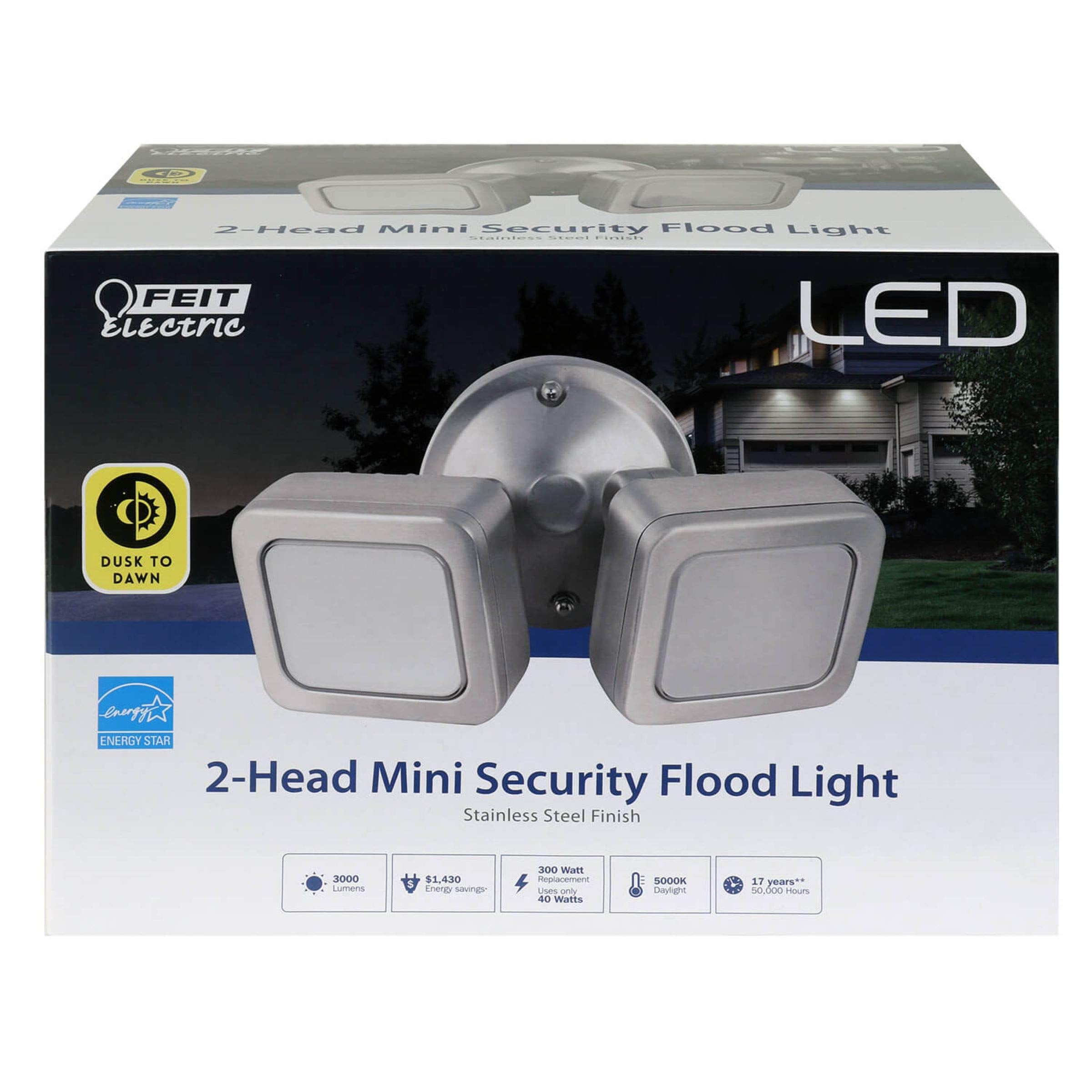 Feit Electric - 3000 Lumens Dusk To Dawn Mini Dual Flood Led Security Outdoor Light, 5000K Cct Daylight, Two Head Stainless Mini