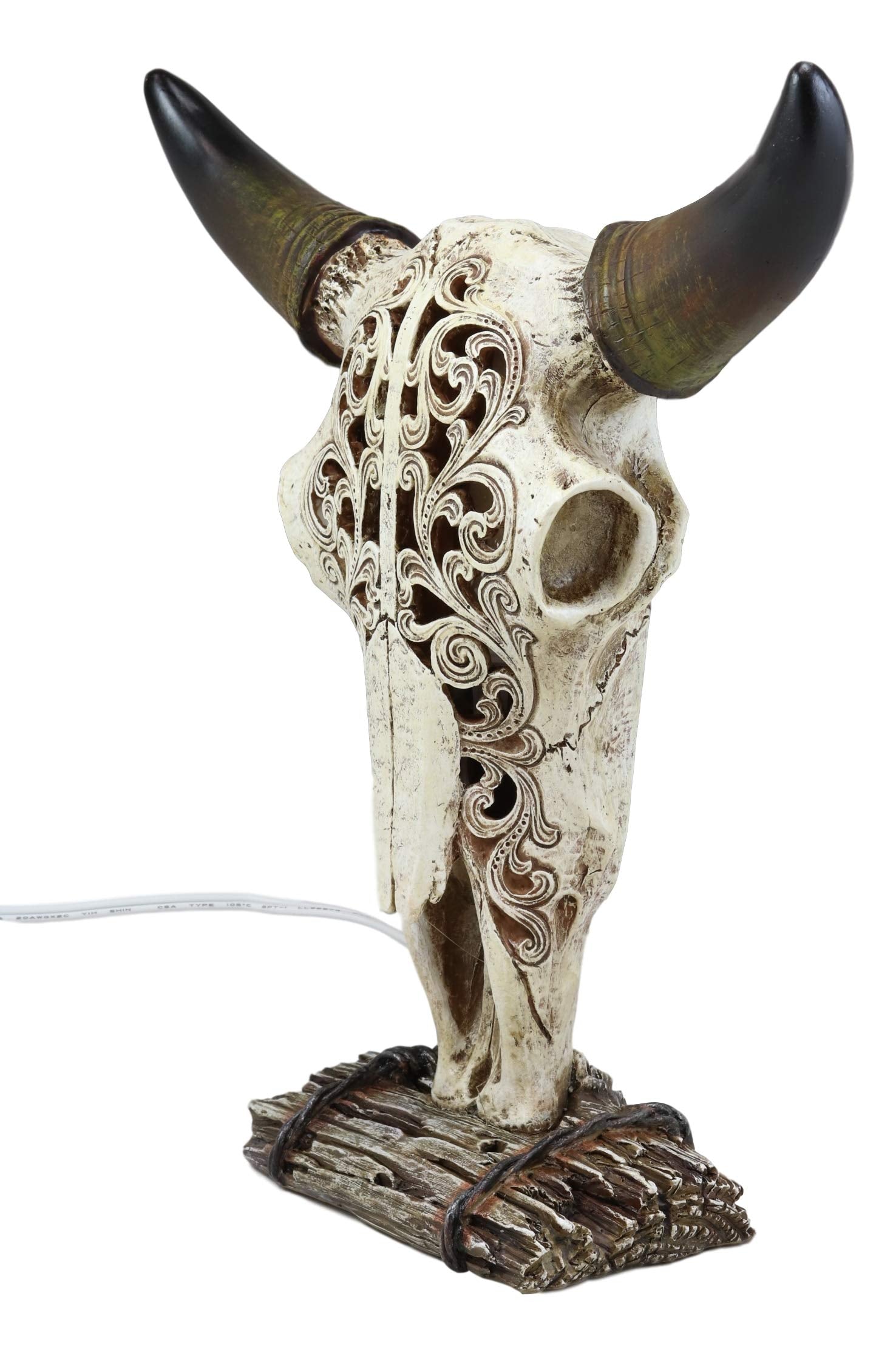 Ebros Gift 12.5" Tall Aged Bone Filigree Steer Skull Night Light Lamp Decor