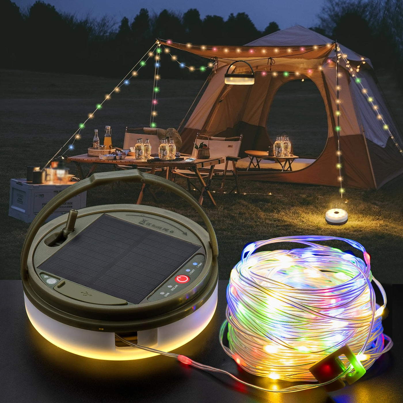 Sutaig Solar Camping String Lights, 4 in 1 Camping String Lights Outdoor(39.4ft) with 8 Lighting Modes, Solar Powered and USB Re – Lightsdaddy