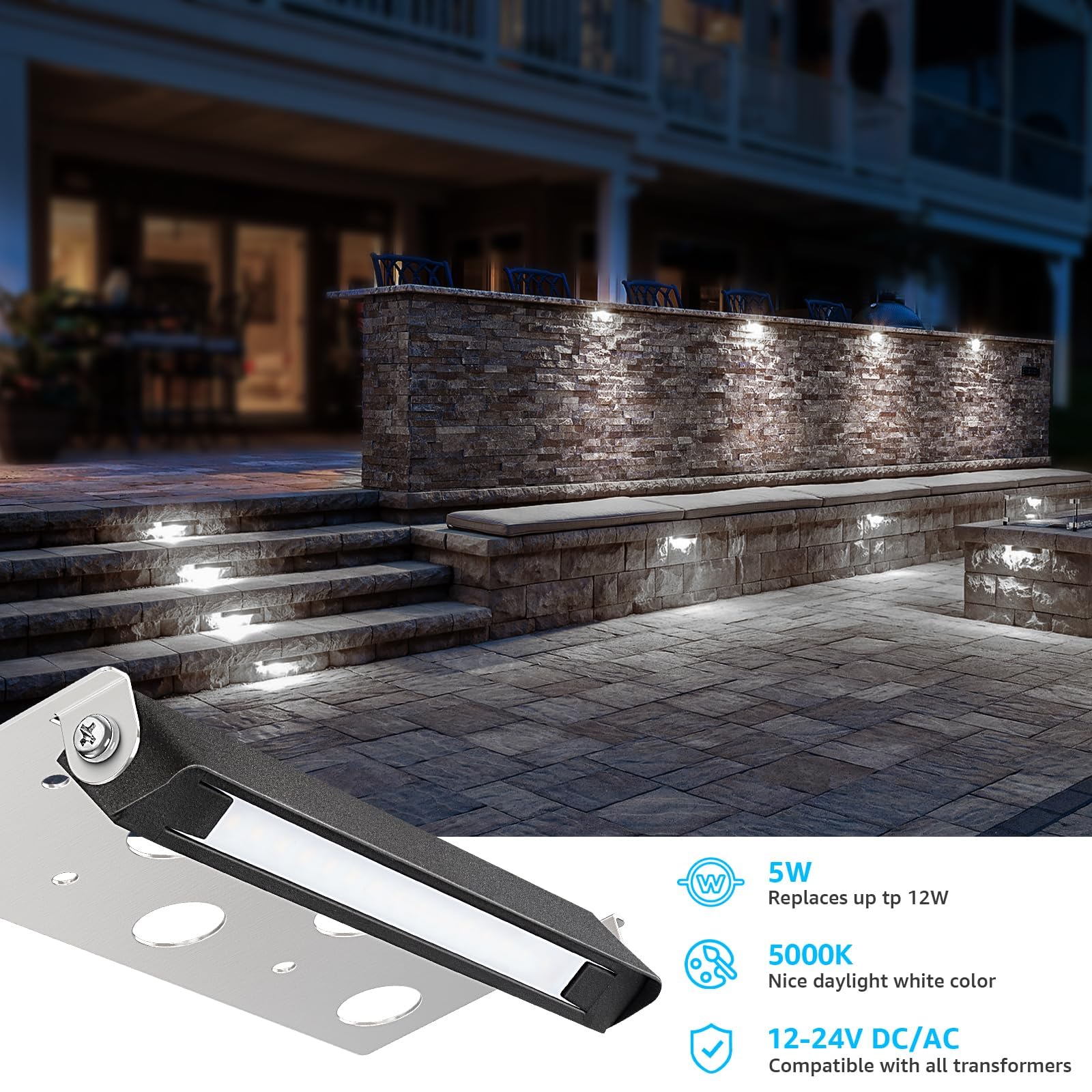 SUNVIE 7 Inch LED Hardscape Lighting, 5W Waterproof Step Lights, 5000K Daylight, Matte Black, 12 Pack, Low Voltage AC/DC, Model CLDF051