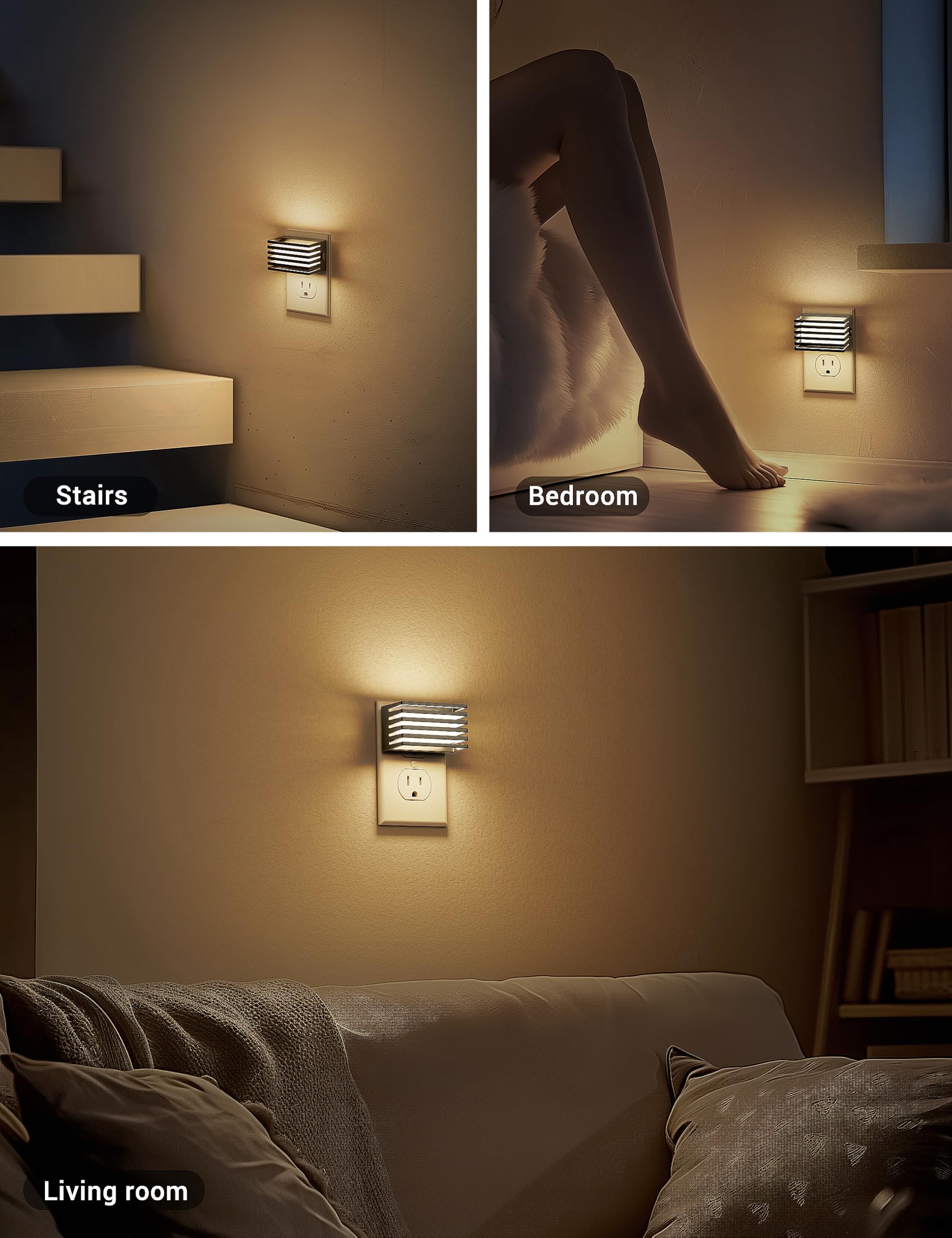 JandCase LED Night Light 2 Pack, Dimmable with Dusk to Dawn Sensor, 3000K Soft White, Warm Black Shade, Model C-GY14002US-2