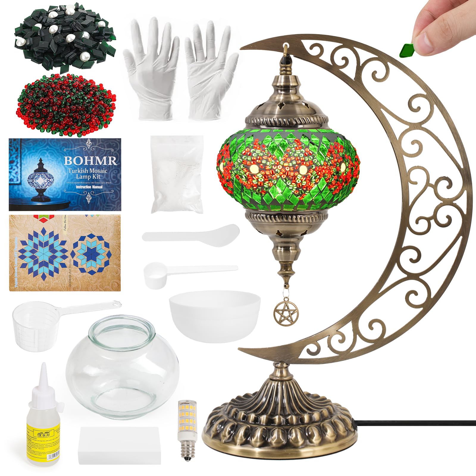 BOHMR DIY Turkish Mosaic Lamp Kit  Moon Stained Glass Lamp Making Kit- Easy Fun No Experience Needed  Mosaic Art & Craft Project Kits for For Mature Userss & Teens  Make Your Own Table Lamp Christmas Gift Green