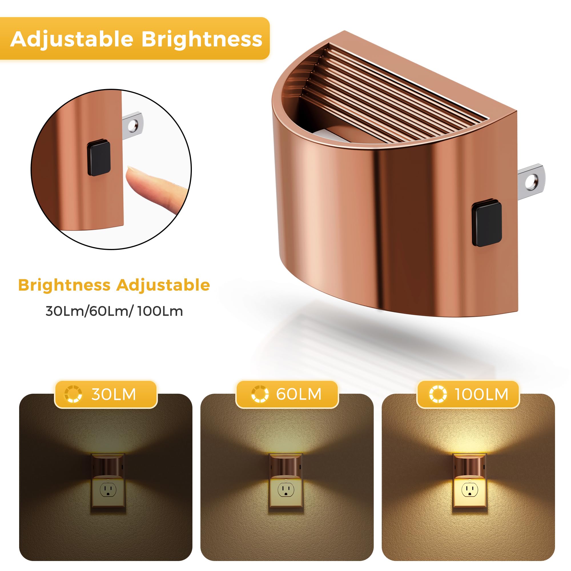 L LOHAS LED Night Lights, Dimmable 3-Level Brightness, 3000K Soft White, 2 Pack, Rose Gold, Model GY10702RGUS-2