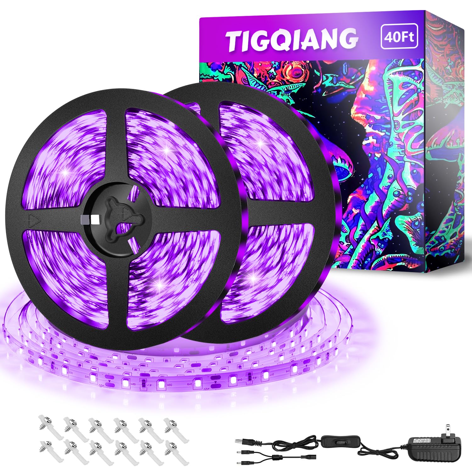 TigQiang Black Light Strip, 40ft Flexible LED, 720 Lamp Beads, Non-Waterproof, Purple, Ideal for Indoor Parties and Events