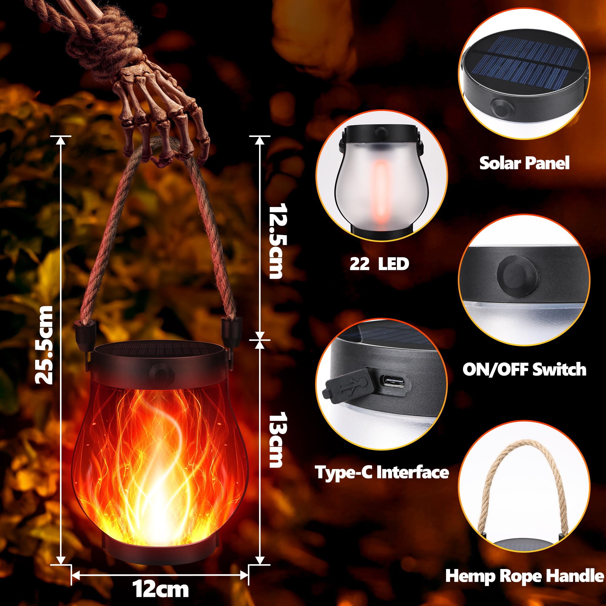 Ibaycon 2 Pack Solar Lanterns Lights  Halloween Flickering Flame Garden Lights With 2 Modes Dual Charging Usb & Solar  Outdoor Waterproof Hanging Lantern For Party Holiday Halloween Decor (Red)