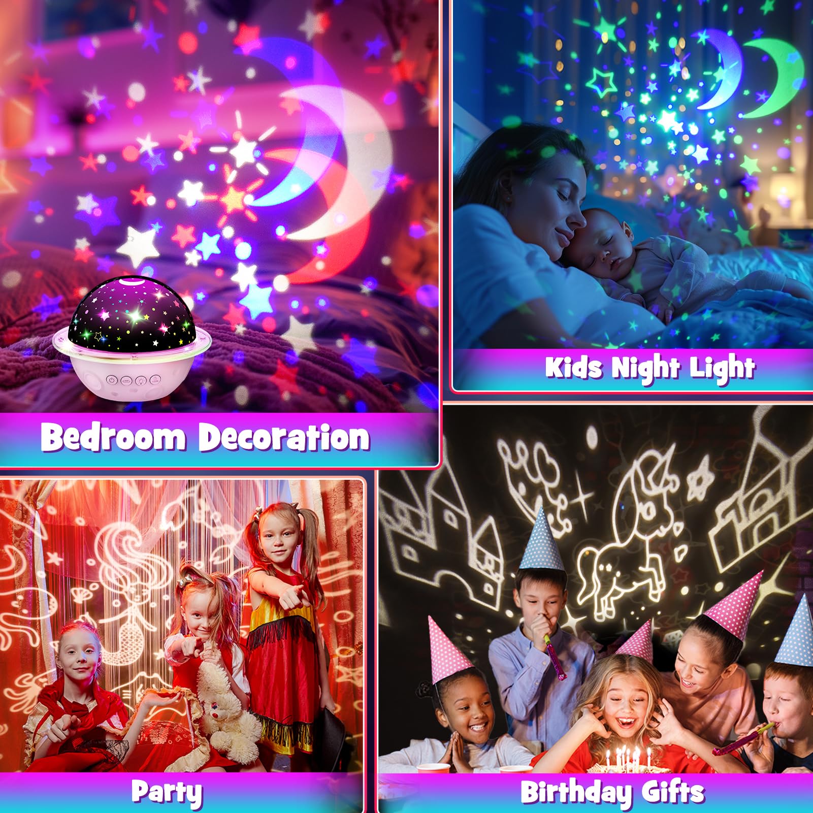 DEVRNEZ Unicorn Night Light Projector, 4-in-1 Star Projector Toys, Pink, Model 006, for Kids Ages 3-12, ABS Material, 360° Rot