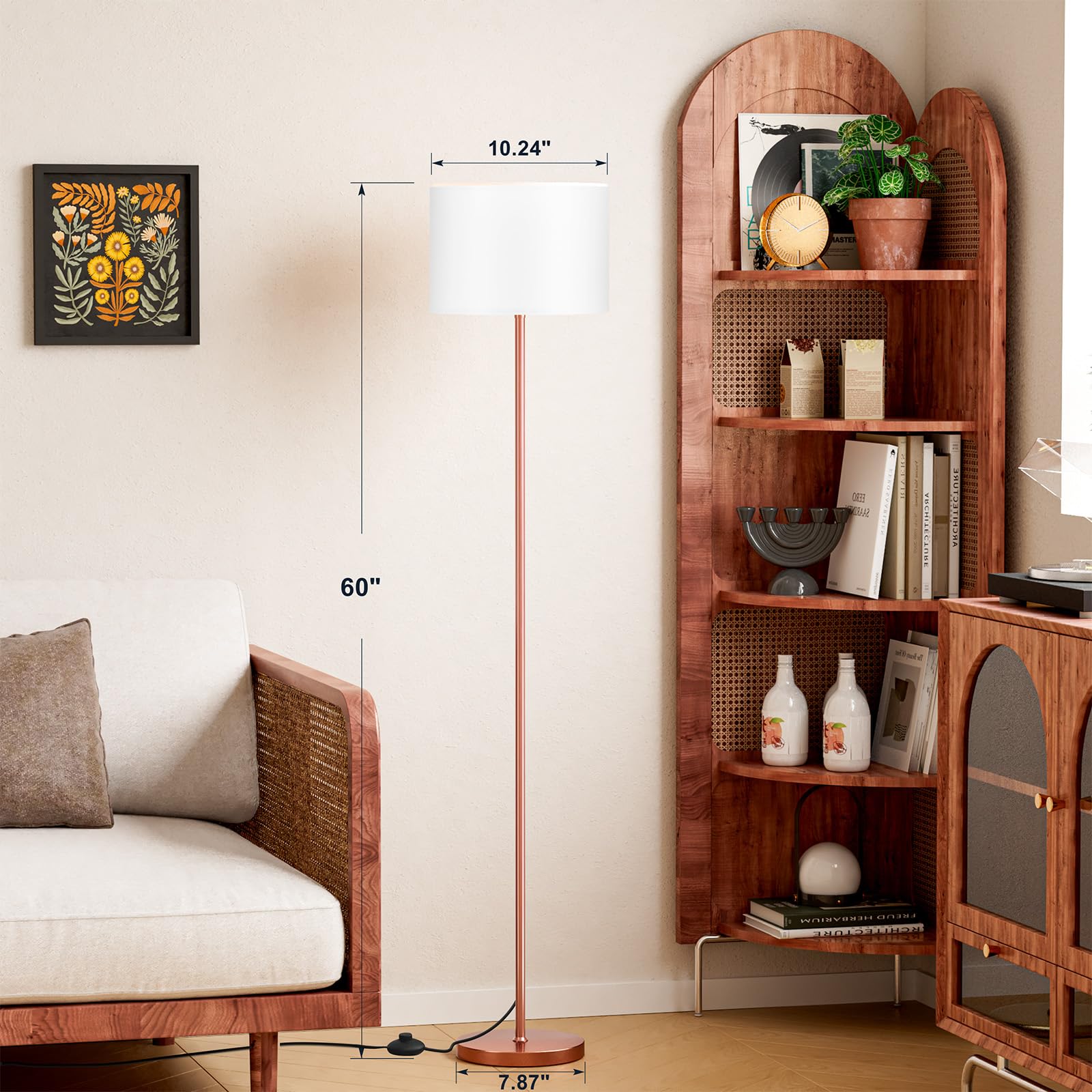 Ambimall 60'' Modern Floor Lamp With Shade, Tall Lamps For Living Room, Bedroom, Office, Dining Room, White Shade With Rose Gold