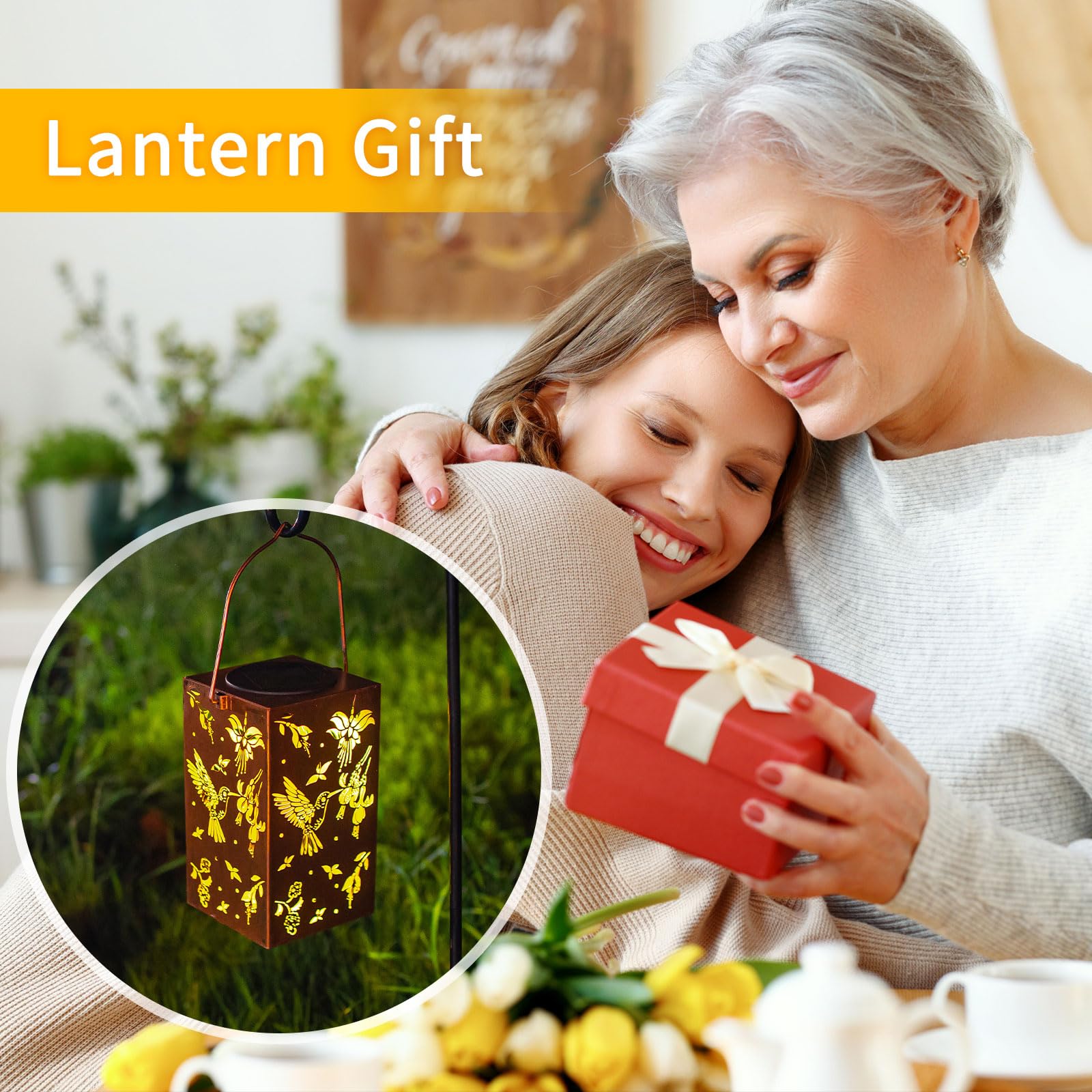 2Pack Hummingbird Solar Lanterns Outdoor Waterproof Hanging Solar Lights Metal Decor Lantern Gifts For Mom Women Grandma Led Lig